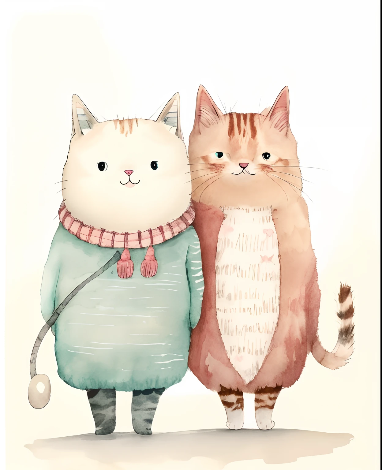 There are two cats standing side by side in sweaters, illustration of 2 cats, Cute cats, Two cats, author：Yuko Tatoshima, cute illustration, catscatscats, Cats, author：Zsuzsa Máthé, cute artwork, author：Olga Boznanska, Cute characters,  anthropomorphic cat