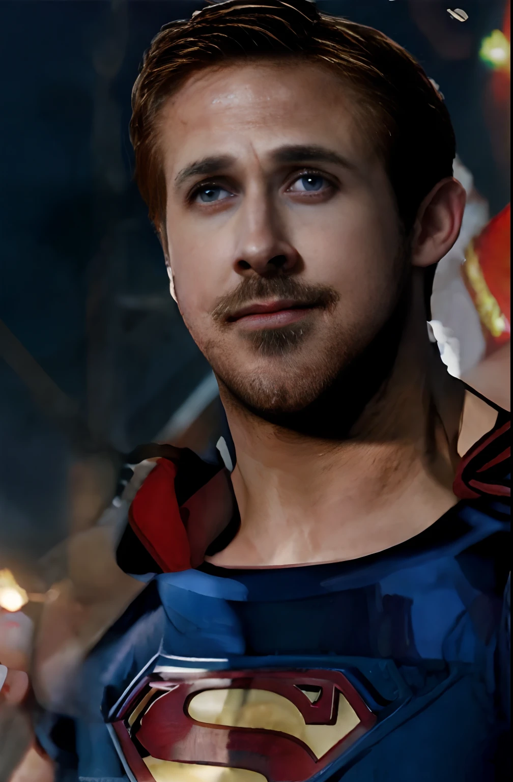 Ryan gosling is superman flying over flame