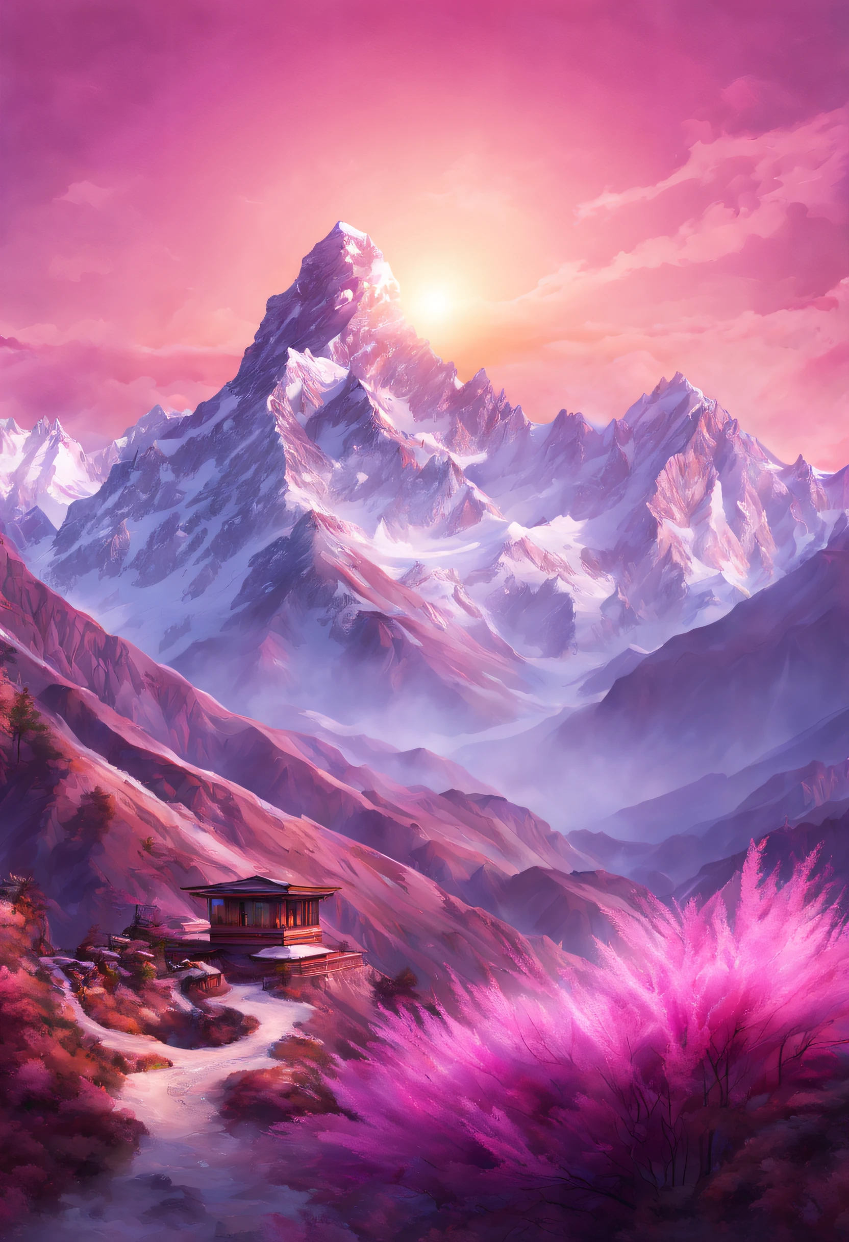 Subject Description: A surreal and dreamlike depiction of the sunrise over the majestic peaks of the Himalayas, as the sun's rays paint the snow-capped mountains in hues of pink, orange, and purple.
Type of Image: Digital Illustration
Art Styles: Surrealism, Fantasy
Art Inspirations: Salvador Dali, Rene Magritte
Camera: Wide Angle Lens
Shot: Medium Shot
Render Related Information: Hyper Detailed, Soft Lighting, Pastel Colors
Location: Himalayas