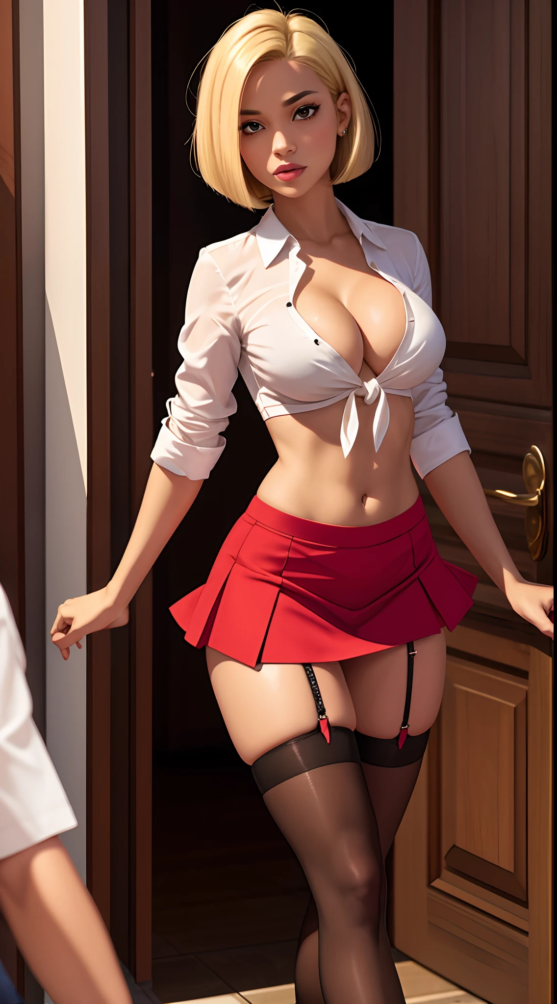 Light skin, bob cut, cleavage, tied shirt, midriff, flashing red panties, short skirt, stockings, brown eyes, blonde