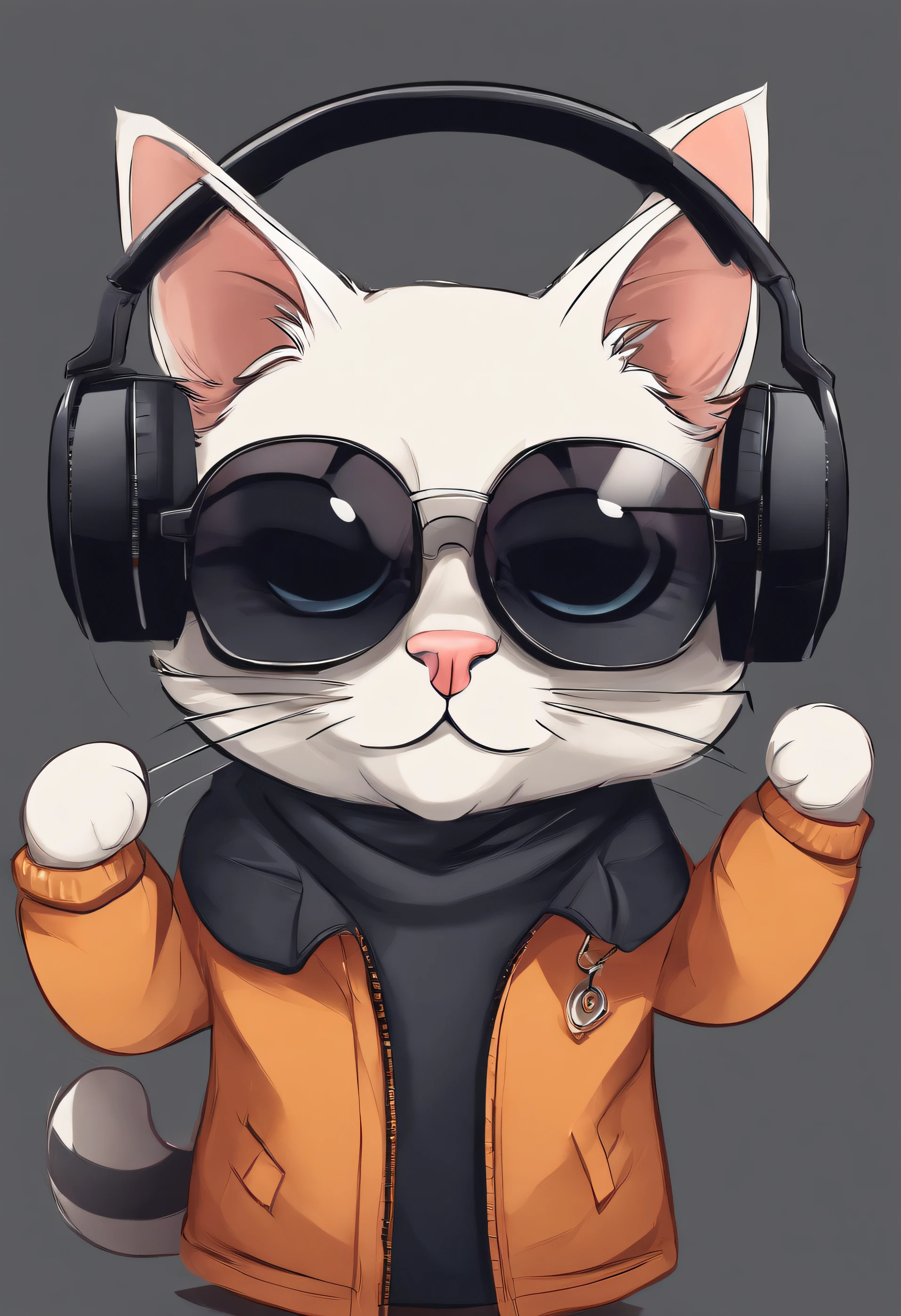 Perfect centering arrangement, Cute little cat, Wear a jacket., Wear sunglasses, Wearing headphones, cheerfulness, Standing position, abstract beauty, centered, looking at the camera, facing camera, Approaching perfection, dynamic, high-detail, smooth, crisp focus, 10, Deep black background