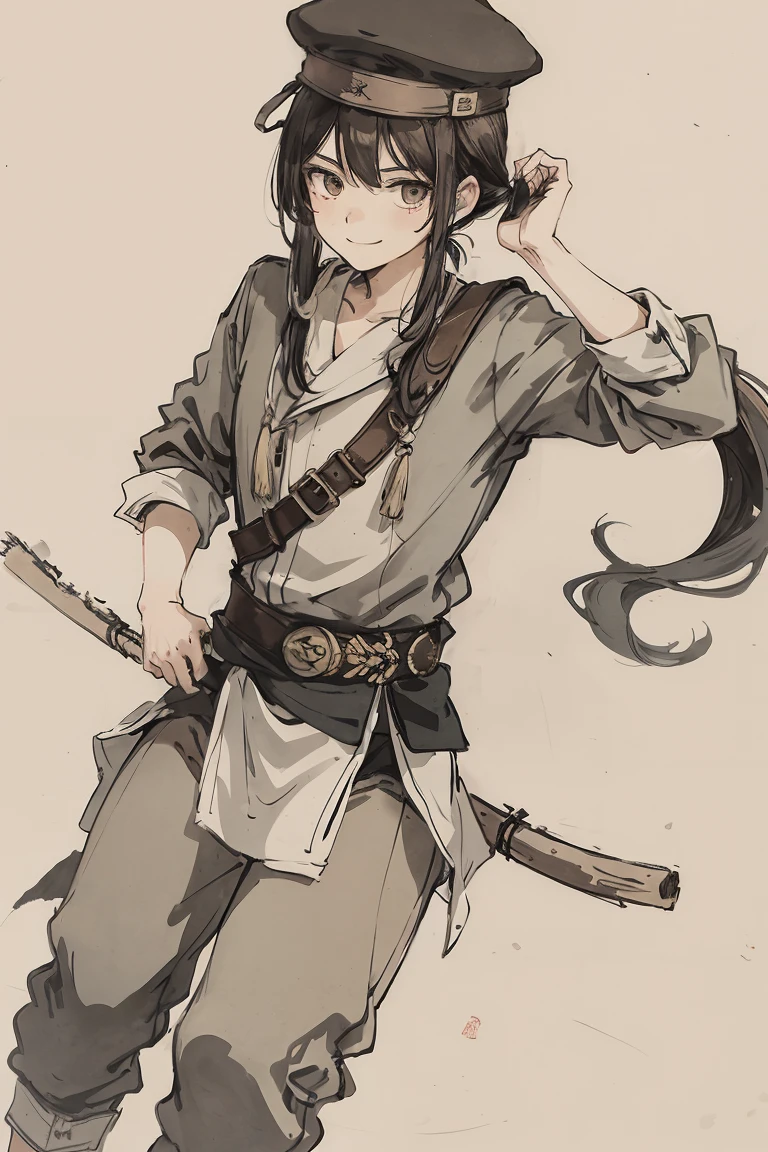 sparrow, boy, dearstalker, brown headwear, black hair, long hair, low ponytail, sly smile,