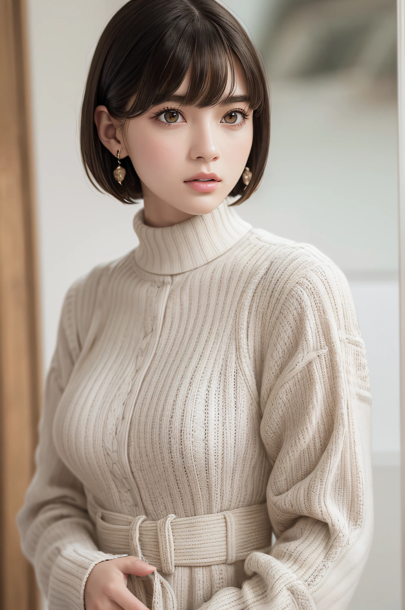 (8k, RAW photos, top quality, masterpiece: 1.2), ultra detailed, super resolution, (real, real photos: 1.37), portraits, high definition RAW color photos, professional photos, very detailed and beautiful, highly detailed, 8k wallpapers, amazing details, huge file size, official art, highly detailed CG Unity 8k wallpapers, highly detailed beautiful girls, highly detailed faces, Highly Detailed Eyes, Highly Detailed Skin, Highly Detailed Fingers, Very Detailed Nose, Highly Detailed Detailed Mouth, Perfect Anatomy, Detailed Background, Detailed Clothes, One Girl, (20:1.2), 20s, Cute Girl, Realistic Body, Petite, White Skin, Radiant Skin, Slim Body, Black Hair, Short Hair, (Blunt Bangs: 1.2), Cute, Youthful, Pretty Face, Realistic Face, Delicate Eyes, Sale Eyes, ( (Fashionable winter clothes)), ((Up)), ((((Short hair)))), Earrings, Looking at the camera, Cowboy shot, Facing Front, Standing Posture, Contrapposto, Dynamic Lighting, C Cup Breasts,