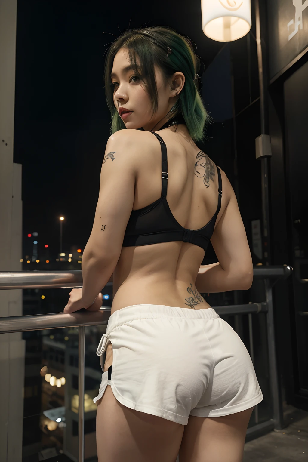 araffe in a black bra top and white shorts in a night city, korean girl, gorgeous young korean woman, back pose, in shorts, cottagecore!! fitness body, toned derriere, thicc, side pose, beautiful south korean woman, booty shorts, 2 4 year old female model, sexy girl wearing shorts, korean woman, lit from behind, heavy makeup, hair ties, slightly open mouth, big eyes, glossy, very pretty face, slender waist, sex pack, light green hair, tattoo girl