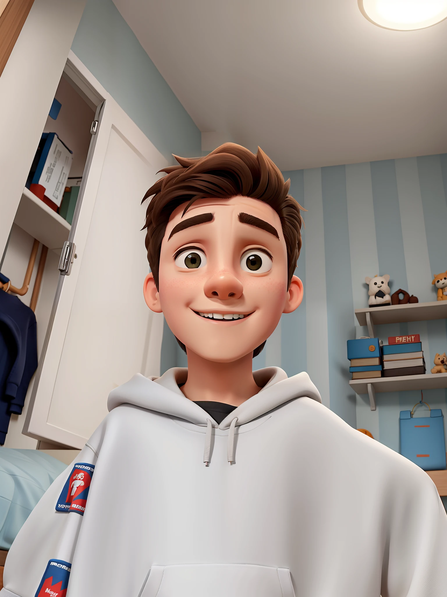 an 11 year old boy wearing a hoodie in a bedroom