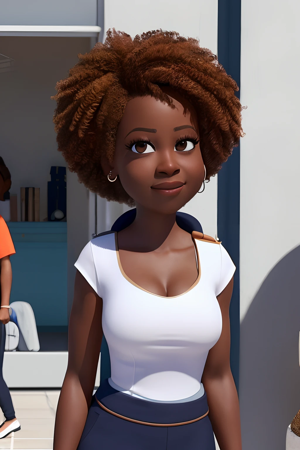 Create a visual representation of a 30-year-old black woman (Viola Davis) com olhos negros e um olhar e sorriso vibrantes. Your face is round, with oval lips and almond-shaped eyes. Ela possui cabelos afro crespo ruivos, cortados de forma curta e moderna. The woman wears a white T-shirt and a navy blue vest with a zipper over it. Como diretora escolar, The image should capture not only your strength and confidence, but also his authority and dedication to education. Desenvolva esta arte em Full HD, Medium plan, Estilo Disney Pixar Animations, 3D-rendering. Her look is an orange short-sleeved, V-neck blouse. A blusa deve ser elegantemente plissada na parte da frente para adicionar um toque sofisticado ao visual.  textura da blusa de seda deve ser suave e luxuosa, Make sure the new outfit conveys an image of professionalism and elegance.