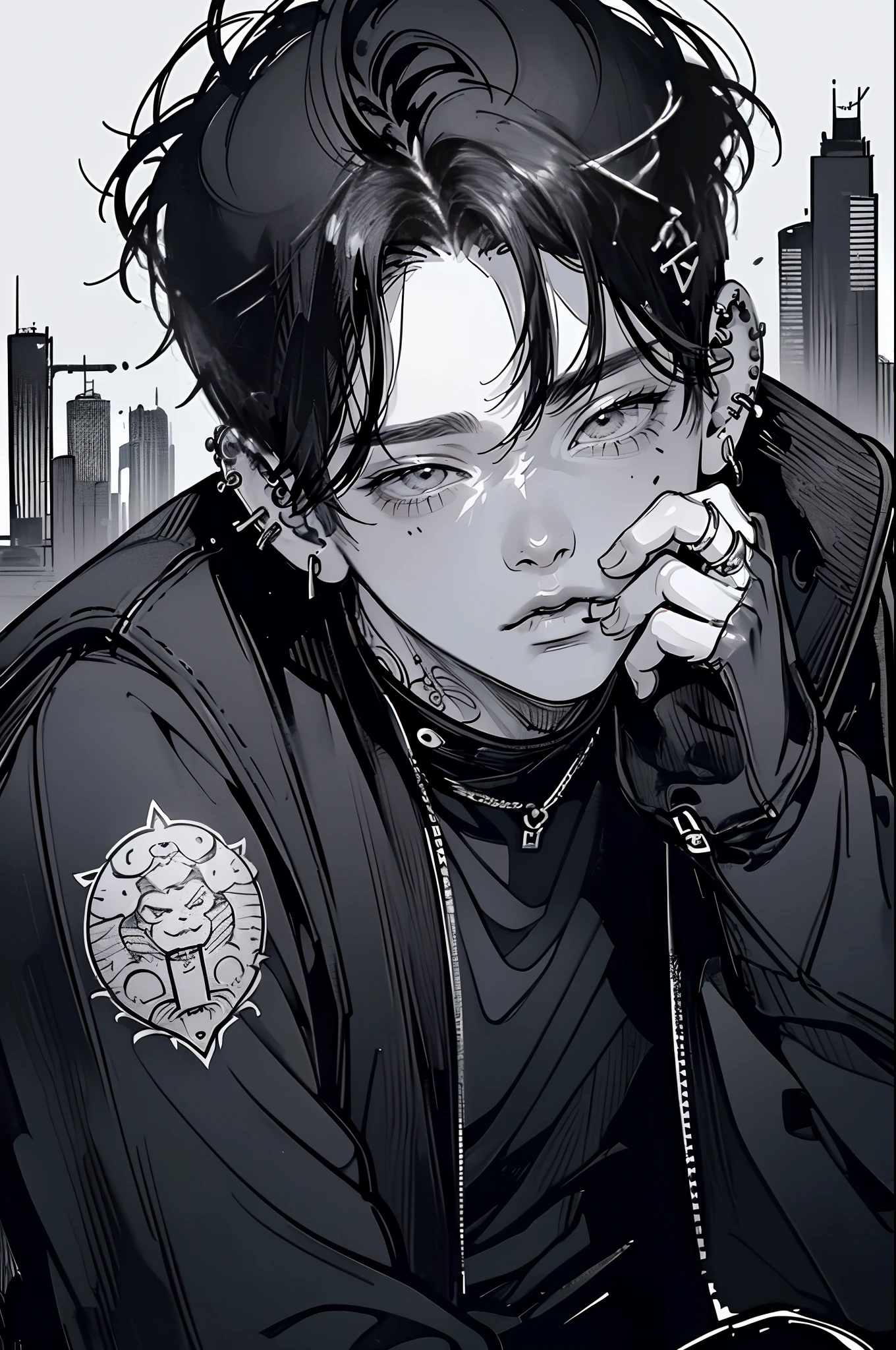 (4K works))、masterpiece、(top-quality)、((Black cityscape background))、Korean Male、Adult male、((Adult 50 years old))、((Adult uncle type))、((Leather Jeans Style))、((Face similar to Hyunjin))、Cool Men、tall、((Wild features))、((Wild look))、((angry expressions))、((Long sleeve long trouser style))、((Smaller face))、Slim body、(((short-haired)))、((Shot alone))、((Solo Photography))、Professional Photos、((He is in front of the viewer))、((Monochrome photography))、((Upper body photography))、((Wear a lot of piercings))、((Piercing on the lips))、((Tongue piercing))、((Icon Photo))、((Sick Boys))、((Mine Boys))、((Lots of tattoos))、((Mine photo))、((sassy pose))