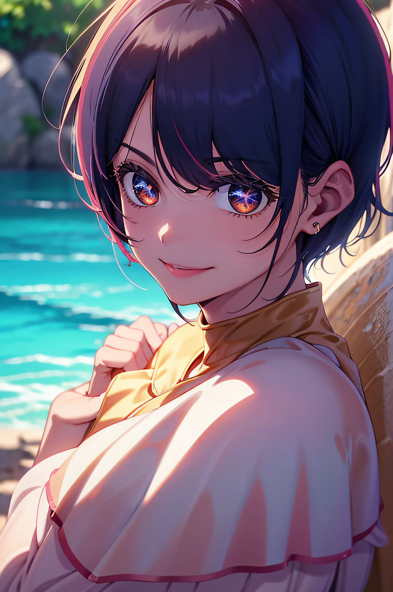 Top quality, masterpiece, (photorealistic: 1.4), One woman, Golden ratio, High angle shot, Upper look, Low angle shot, Perfect face, Beautiful figure, Cute face, Close up face, Zoom in on face, Short bob, Short hair, Smile from different angles, Smile, Gloss, Highlight, Gloss on skin, Glossy skin, Wet skin, Wet, Bangs, cute smile, bust, off-shoulder, refreshing charm, elegant, perfect hands, smile from an angle, smile, shiny, highlight, glossy skin, bangs, bust, big, warm off-shoulder, refreshing charm, ears out, gaze to camera, poses at different angles