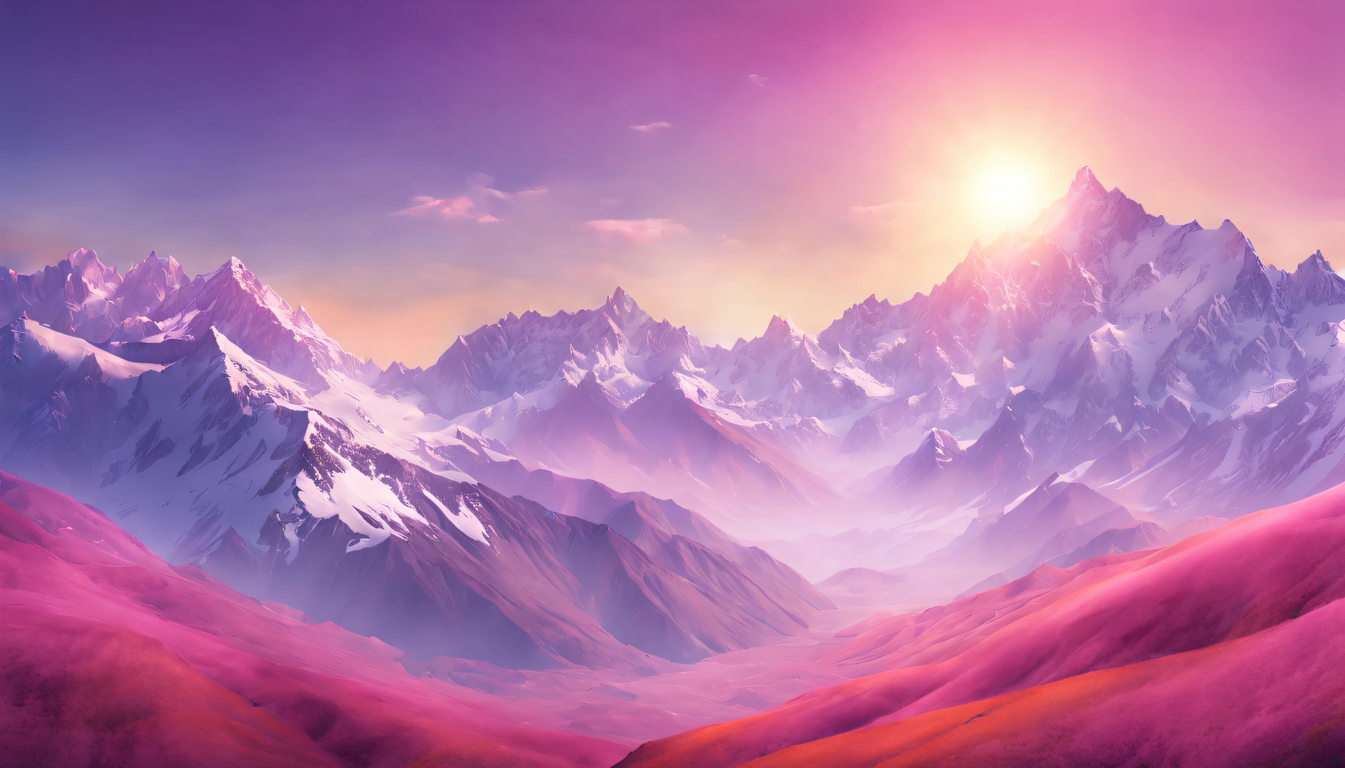 Subject Description: A surreal and dreamlike depiction of the sunrise over the majestic peaks of the Himalayas, as the sun's rays paint the snow-capped mountains in hues of pink, orange, and purple.
Type of Image: Digital Illustration
Art Styles: Surrealism, Fantasy
Art Inspirations: Salvador Dali, Rene Magritte
Camera: Wide Angle Lens
Shot: Medium Shot
Render Related Information: Hyper Detailed, Soft Lighting, Pastel Colors
Location: Himalayas
