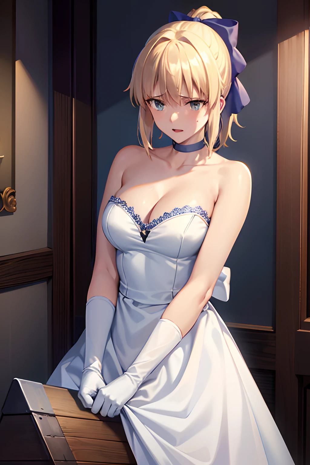 Best Quality, masutepiece,Saber, Faltria, 1girl in, gloves, elbow groves, Choker, White Dress, official alternate costume, breasts, 鎖骨, Ponytail, White Gloves, cleavage, straplessdress, Bow, Bare shoulders, Short hair, parody, Blue choker, Hair Bow, Blue Ribbon, 1girl in, wooden horse, Crotch rubbing, Thought-provoking fluids, Shibari,, masutepiece, Best Quality, Highly detailed、(Behind:1.3)、