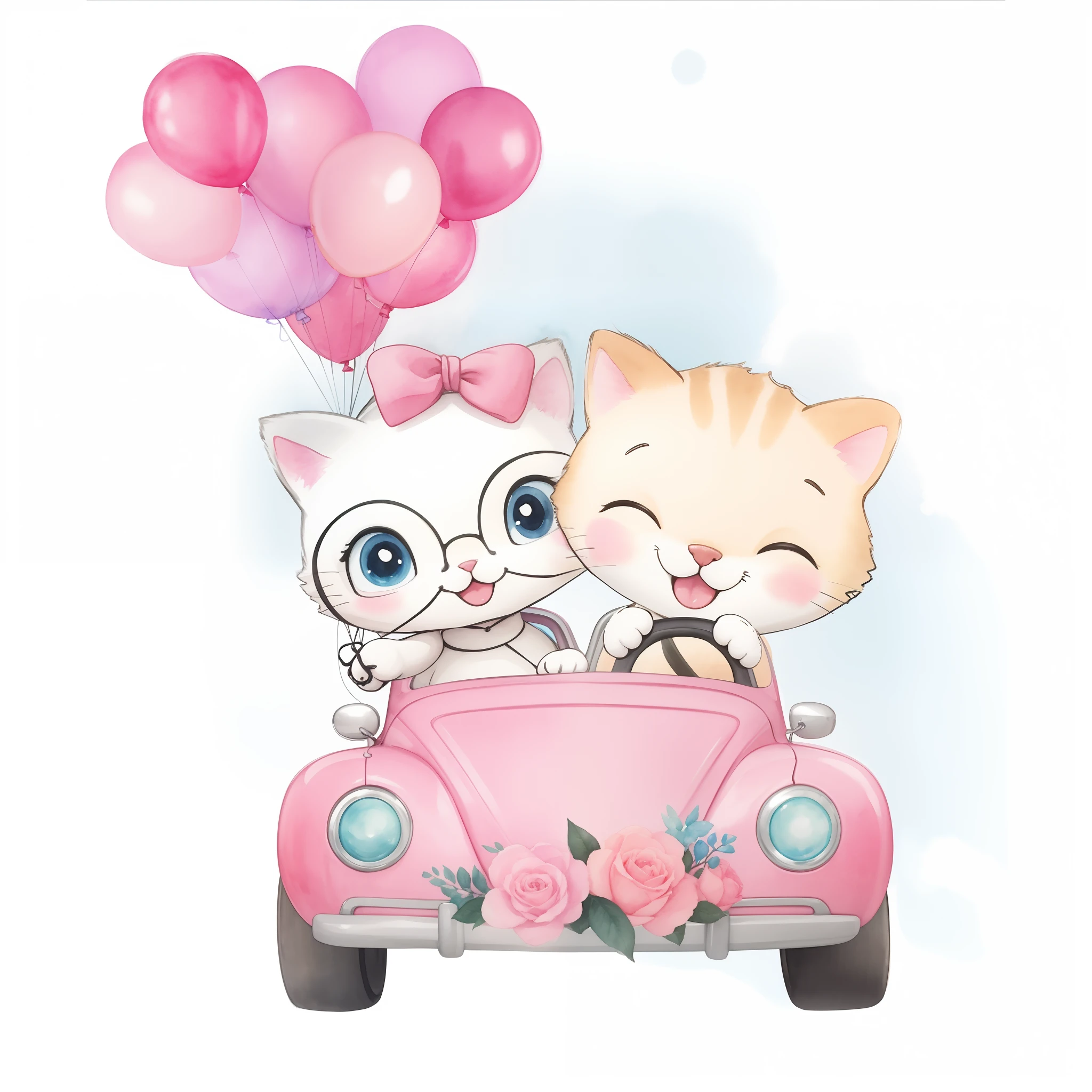 There's two cats in a car with balloons, They're loving it, arte fofa, Arte aquarelada bem suave, lovely and cute, desenho animado bonito, cute illustration, illustration of 2 cats, adorable and whimsical, ilustrado em estilo caprichoso, Belo estilo de arte, love is begin of all, caprichoso e fofo. (Watercolor in high definition)