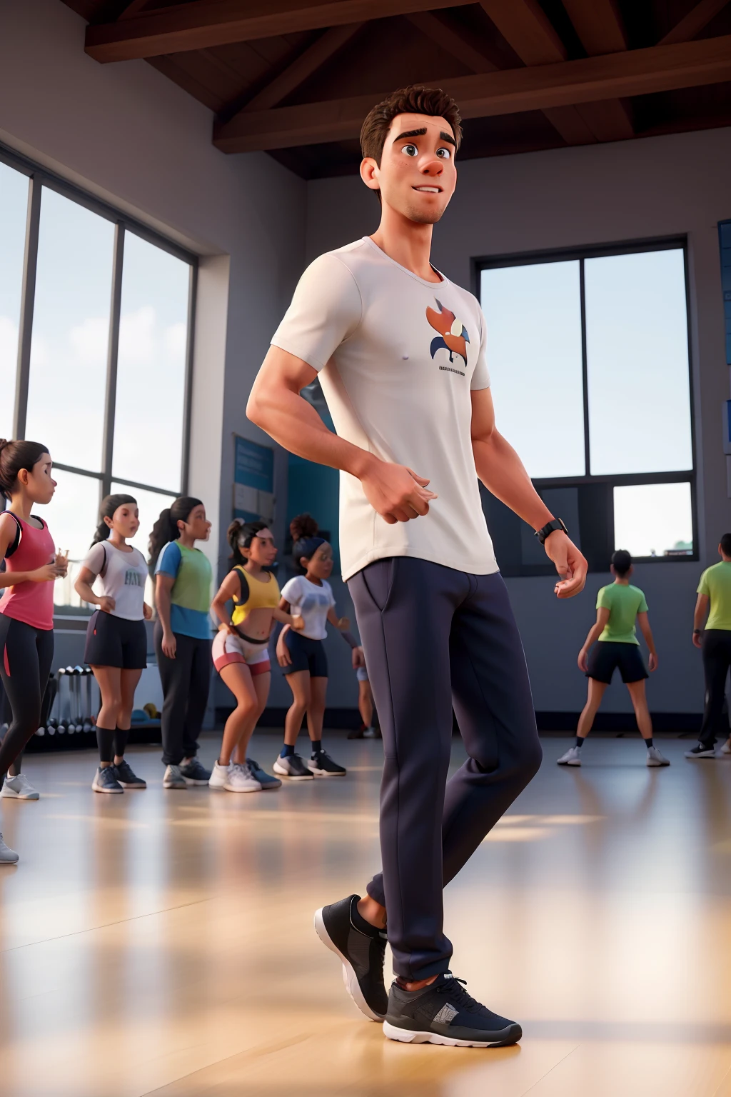 Obra-prima, de melhor qualidade, A man in gym clothes and dancing with schoolgirls in gym.