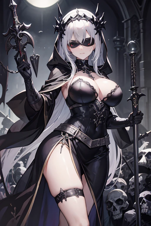 gothic lady justice, blindfold, sexy, erotic, holding sword and scale, skulls, wearing robes, bandages, gothic style art.