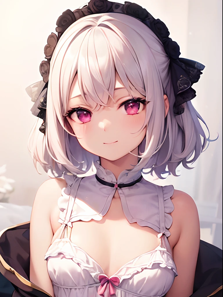 (masterpiece),(Top image quality),hight resolution,(Dainty and cute),(ighly detailed), 1girl, 独奏,illustratio,Fantasia,short,white hair,perm,s Pajamas,Pink eyes,Smaller chest,a smile,Background through