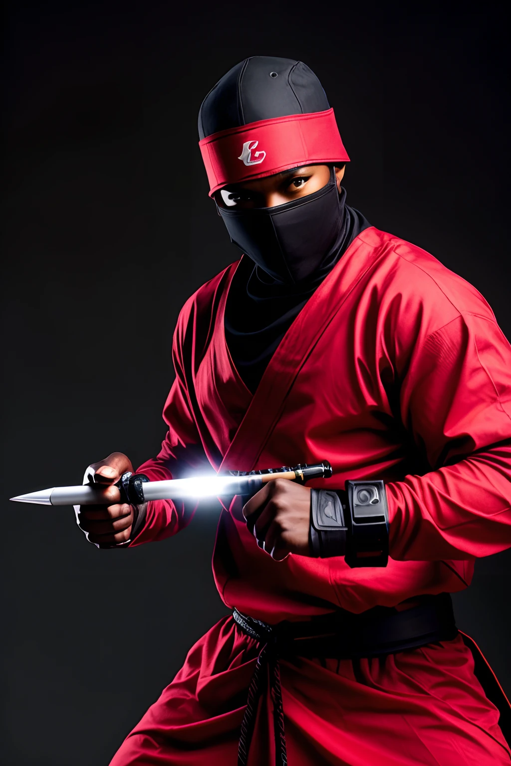 dark african skin ninja in red, African face, a pen as a sword at the back, action gesture, action ninja pose, cinematic ninja, wearing red fitted ninja outfit, shinobi, wearing japanese techwear, ninjas