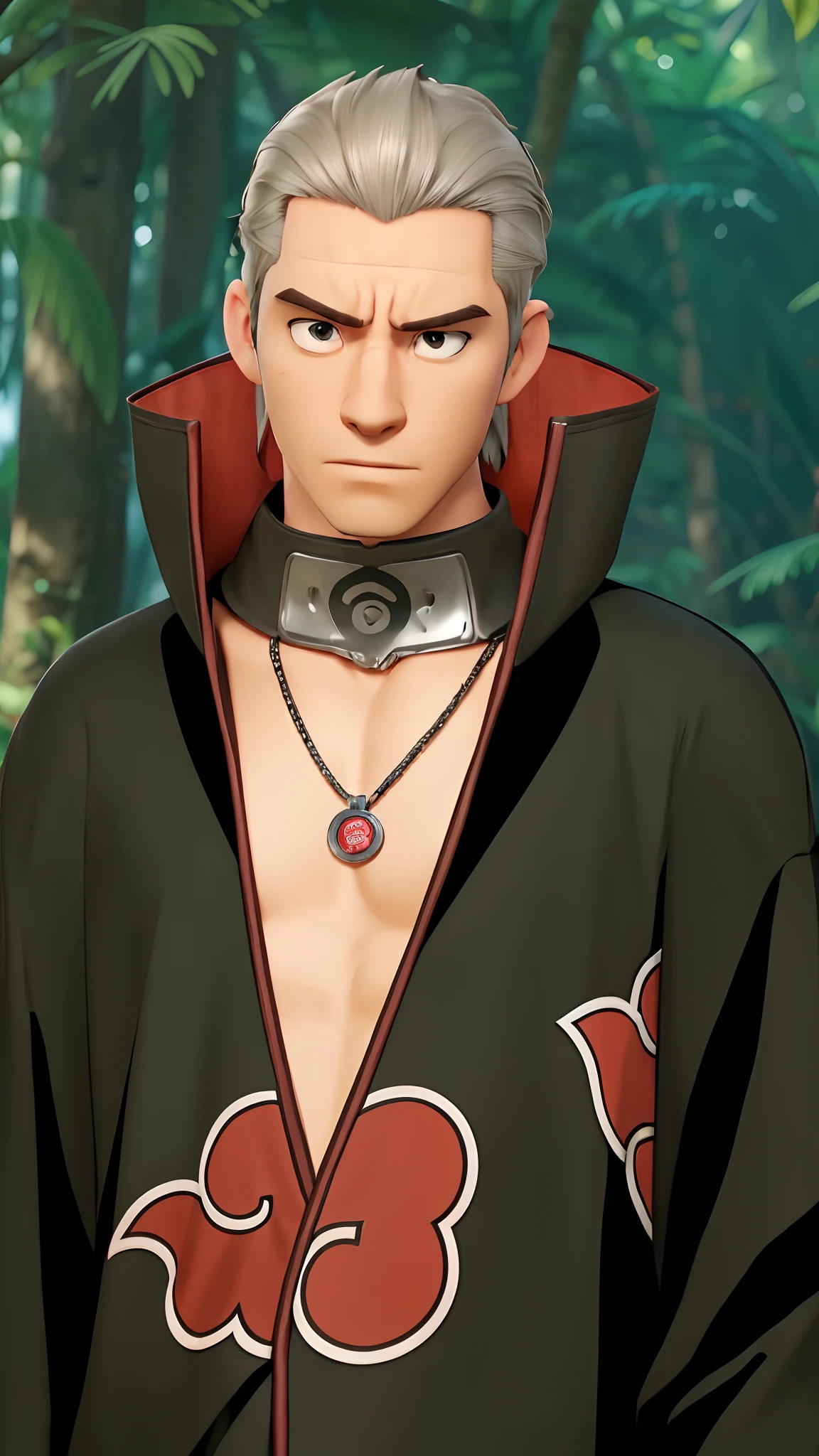 Real life adaption of this character, handsome man face, angry expression,realistic same hair, realistic same outfit with Akatsuki logo, realistic headband with iron plate on the neck, realistic necklace , hyper realistic, realistic light, realistic shadow, realism, realistic jungle background ,(photorealistic:1.2)