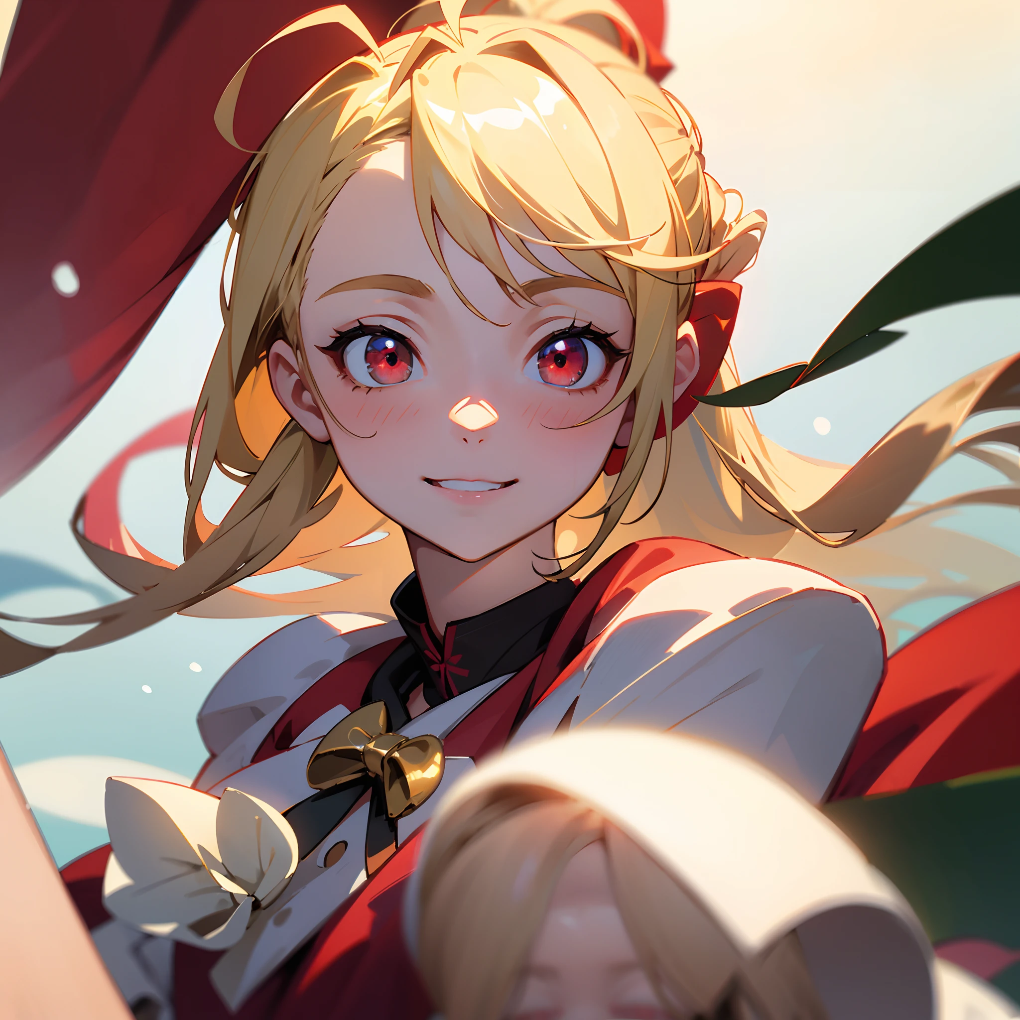 18 year old girl, Wearing a Santa costume、Blonde ponytail、Ahoge、big round red eyes、A slight smil、Laugh、small tits、Realistic painting in every detail, Christmas Outdoors、delicate detail、facial close-up