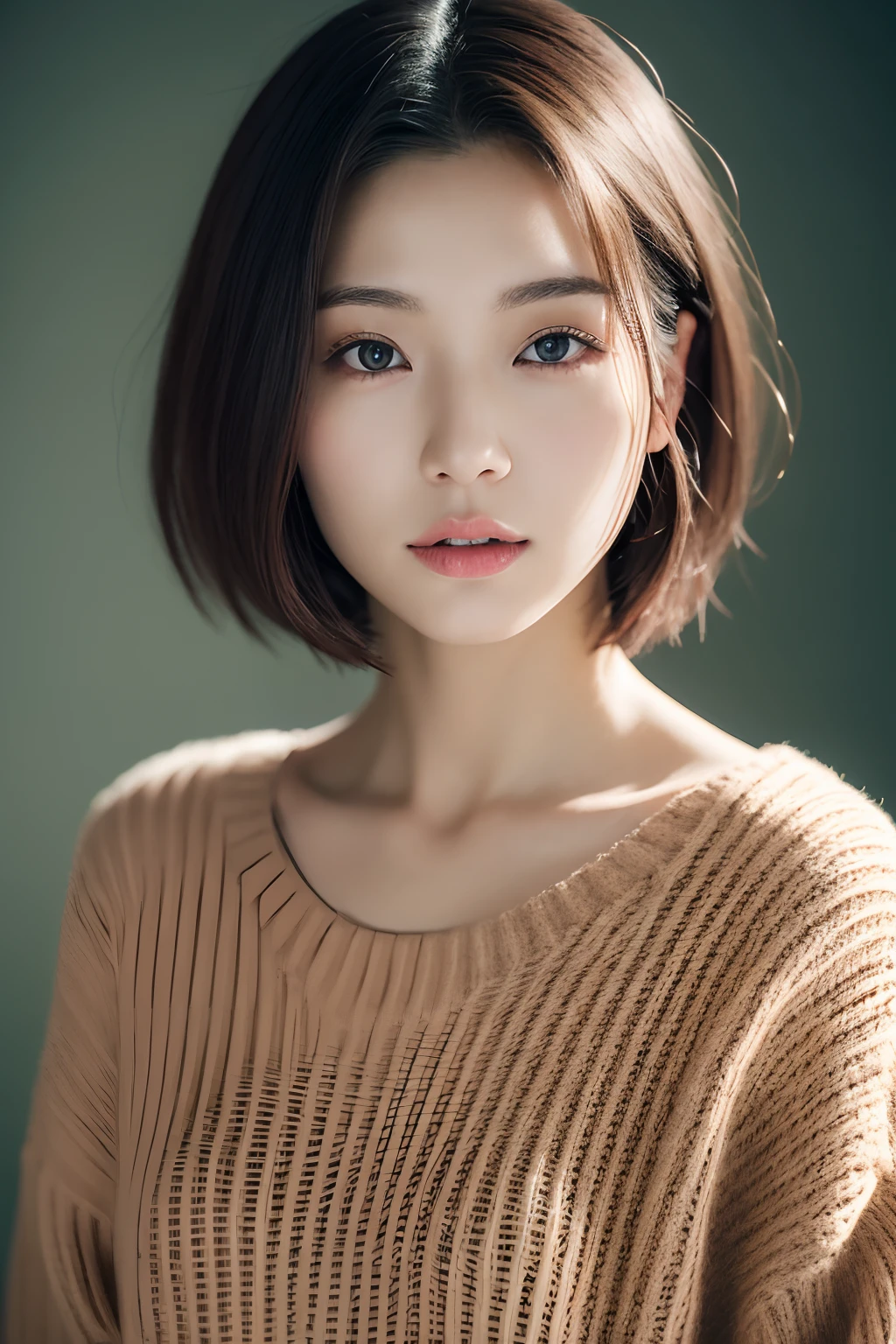 a close up of a woman with a sweater on posing for a picture, Middle metaverse, 奈良美智, Japanese Models, Beautiful Asian Girl, With short hair, 2 4 years old female model, 4 k ], 4K], 2 7 years old, sakimichan, sakimichan