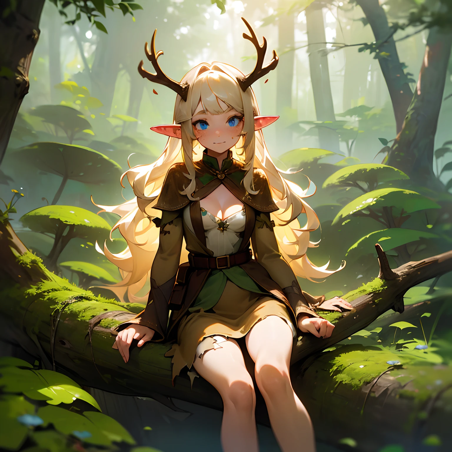 ((Masterpiece, bright coloring, solo, forest, diffused light)), loli anime girl sitting on log, moss, river, multicolored flowers, branches, trees, overgrown, bushes, berries, mushrooms, sunlight, tree canopy, ((slim body, thin body, white blonde hair, long and wavy hair with flowers, long bangs, blue eyes, freckled, freckles on face, antlers, elf ears, cleavage, medium chest, brown tunic)), brown short dress, ((torn clothing, billowing sleeves)), barefoot, pouches