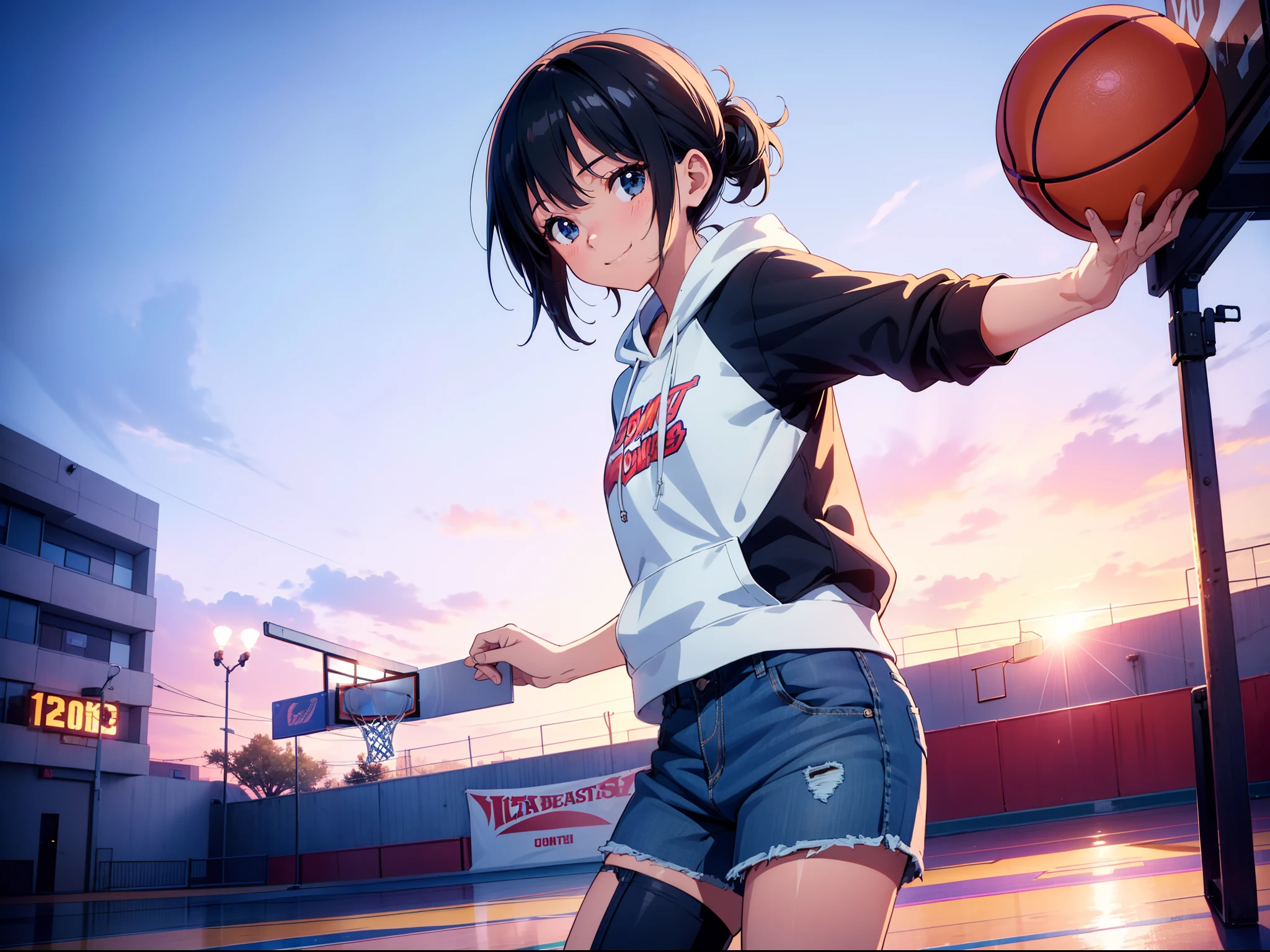 1 cute girl, holding basketball, standing on street basketball court, character focus, cowboy shot, cinematic angle, sunset lighting, cinematic lighting , hoodie , denim short pants, smile ,((masterpiece)), ((best quality)), ((ultra-detailed)), (illustration), ((an extremely delicate and beautiful))
