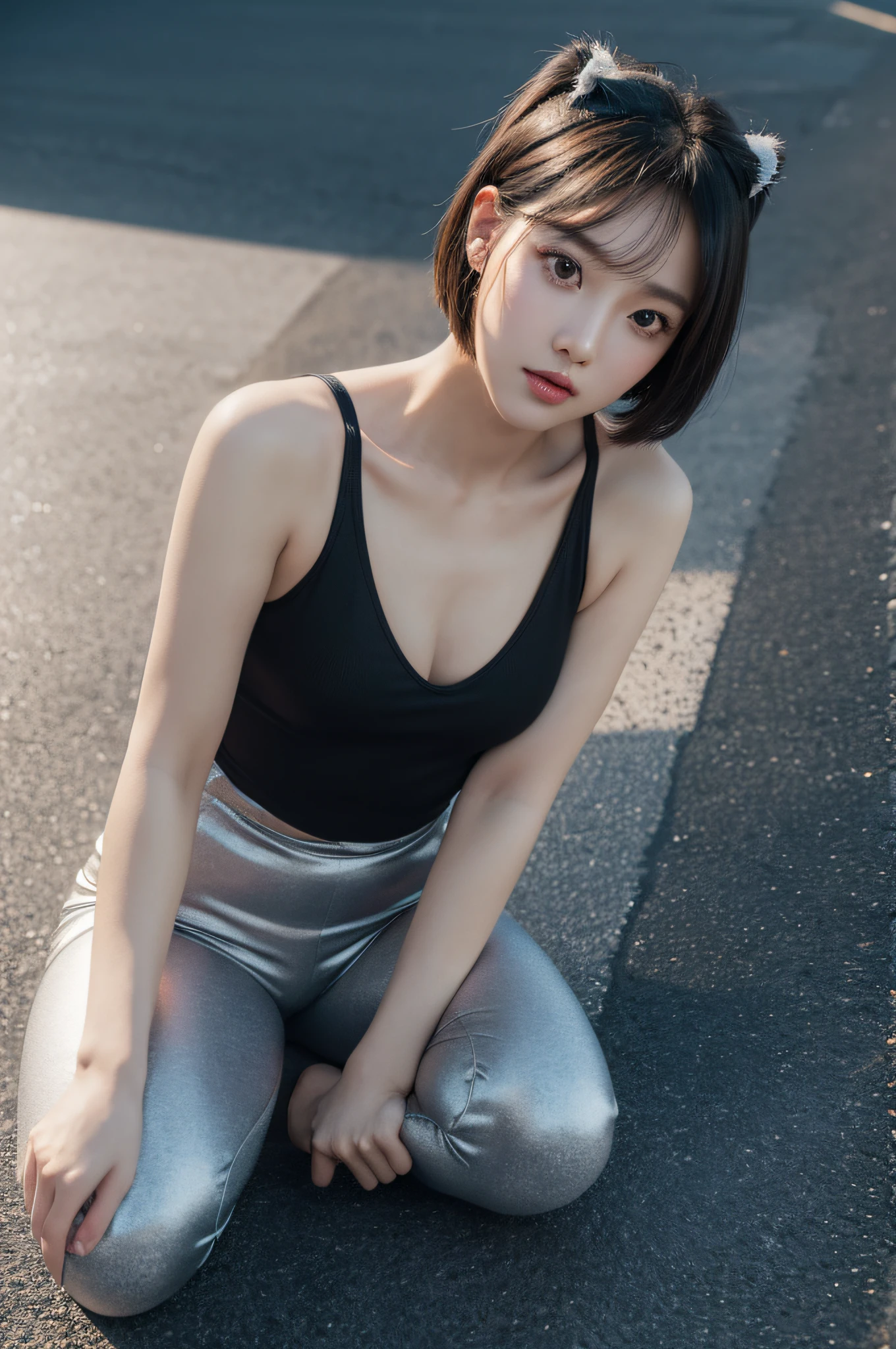 (8K, RAW photogr, Best quality, Mastery:1.2), (hentail realism, Realistis:1.37),(kpop-idol), (aegyo sal:1),Cute,Professional lighting, photon maping, Radio City, physically-based renderingt , bob-cut, With gray eyes, Black tight suit, Black pants, natta, neonlight, Sexy, Look up at the viewer,, 8K, high resolution, 8K, CG wallpapers, Realistis, Clear background, bareness,(lies on the ground:1.37),(Show the whole body:1.37)