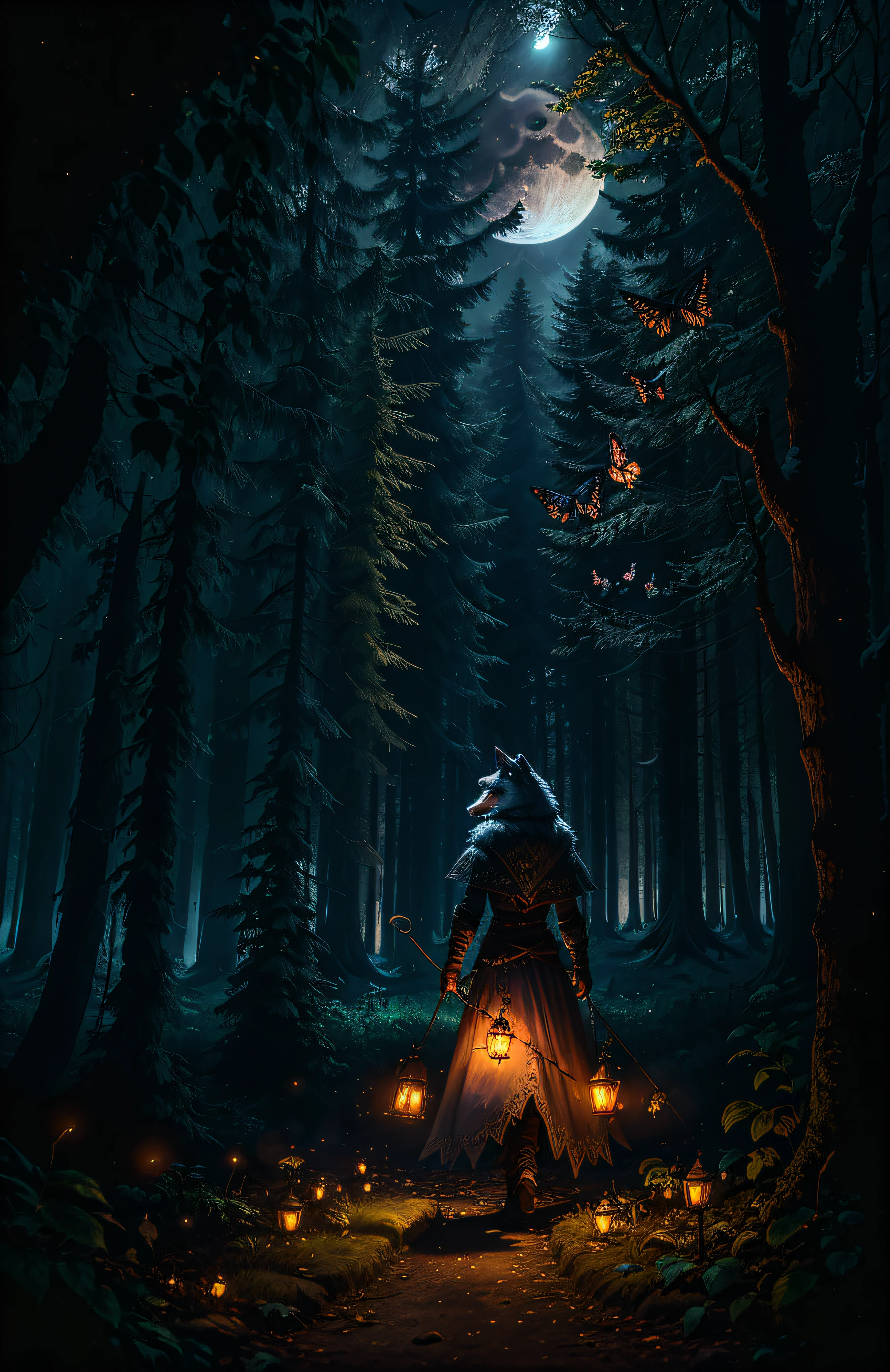 ((night)), ((full moon)), ((1 knight)) in rags with one ((1 wolf cub in hand)), masterpiece, highest quality, solo focus, close up, (skimpy:1.04), (red eyes:1.1), full body, high angle, (perfect face:1.1) intricate body (high detail:1.1), navel covered, covered, eyes up, eyes and face extremely detailed, piercing look, big eyes, forest in the background, Lush forest, butterflies, fireflies, Nikon D850 film Stock Photography 4 Kodak Portra 400 Camera F1.6 Lens Rich Colors Realistic Texture Hyper Realistic Dramatic Lighting UnrealEngine Trend in ArtStation CineStill 800