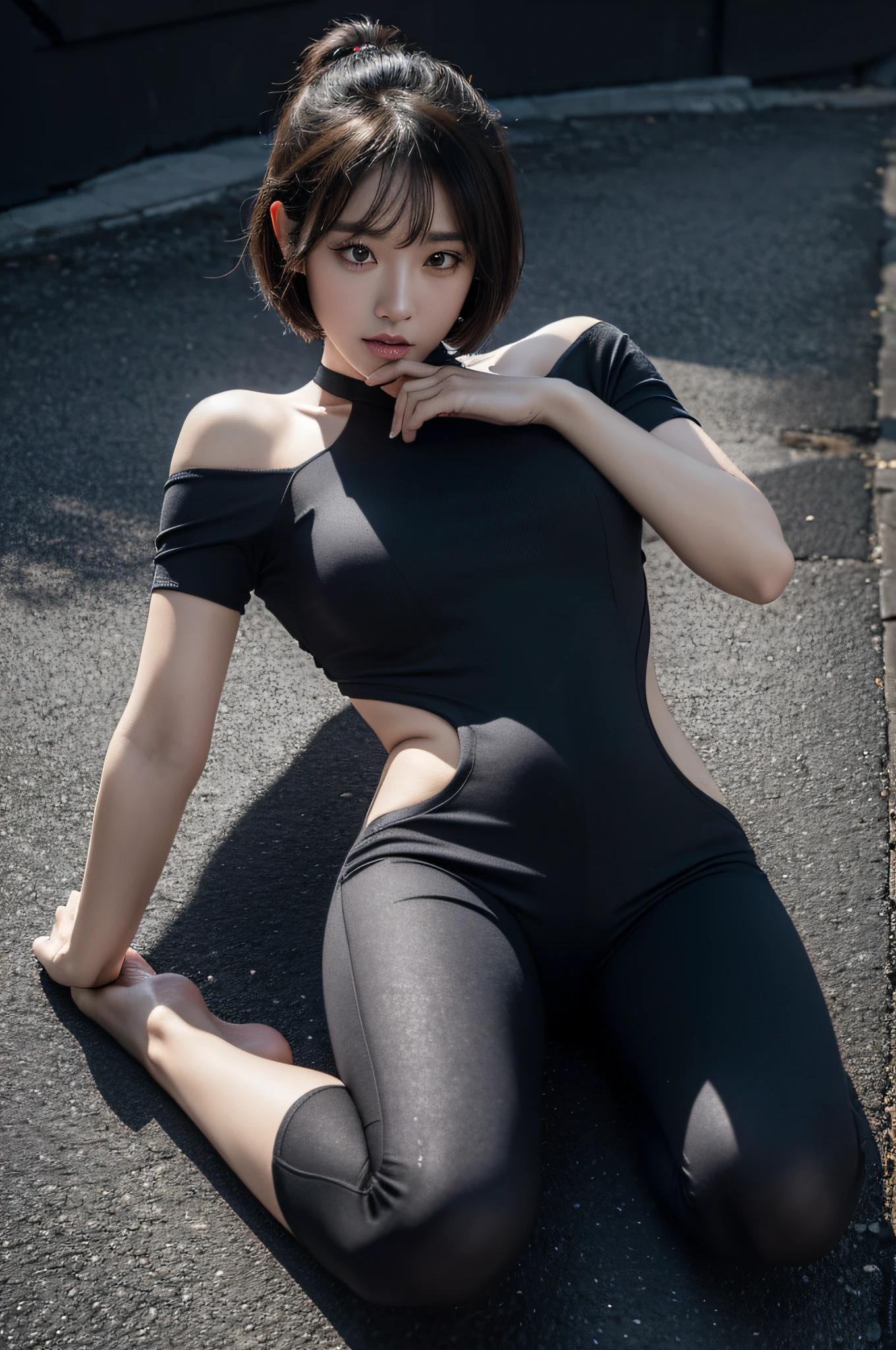 (8K, RAW photogr, Best quality, Mastery:1.2), (hentail realism, Realistis:1.37),(kpop-idol), (aegyo sal:1),Cute,Professional lighting, photon maping, Radio City, physically-based renderingt , bob-cut, With gray eyes, Black tight suit, Black pants, natta, neonlight, Sexy, Look up at the viewer,, 8K, high resolution, 8K, CG wallpapers, Realistis, Clear background, bareness，(lies on the ground:1.37)，(Show the whole body:1.37)