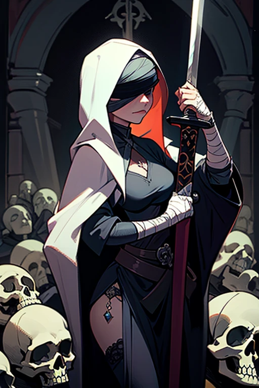 gothic lady justice, blindfold, sexy, erotic, holding sword and scale, skulls, wearing robes, bandages, gothic style art.