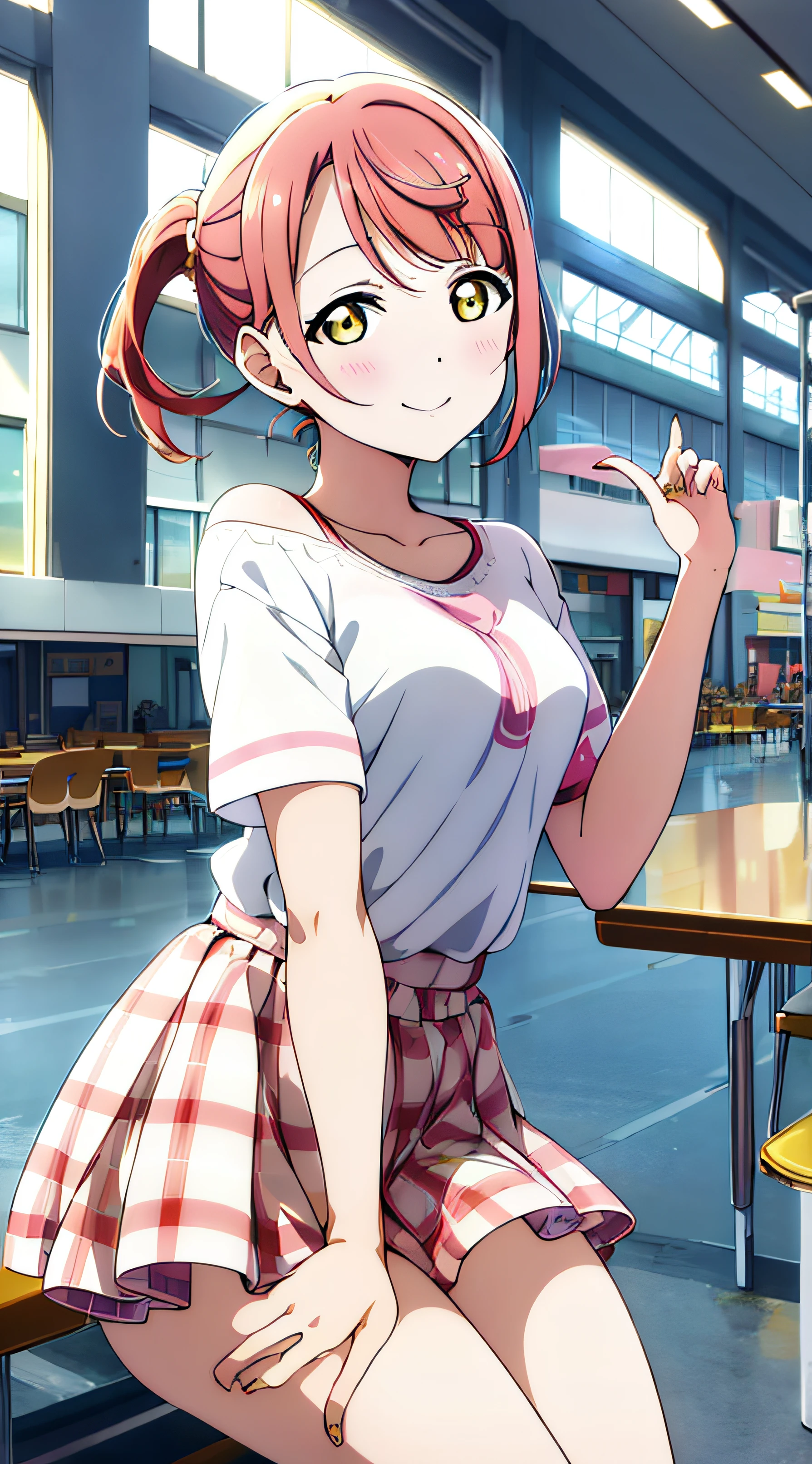 high quality, best quality, masterpiece, absurdres, ayumu uehara, 1girl, Anime-style color grading, bushiroad studio coloring style, yellow eyes, medium hair, pony tail, pink hair, casual clothes, foodcourt, talking, smilling