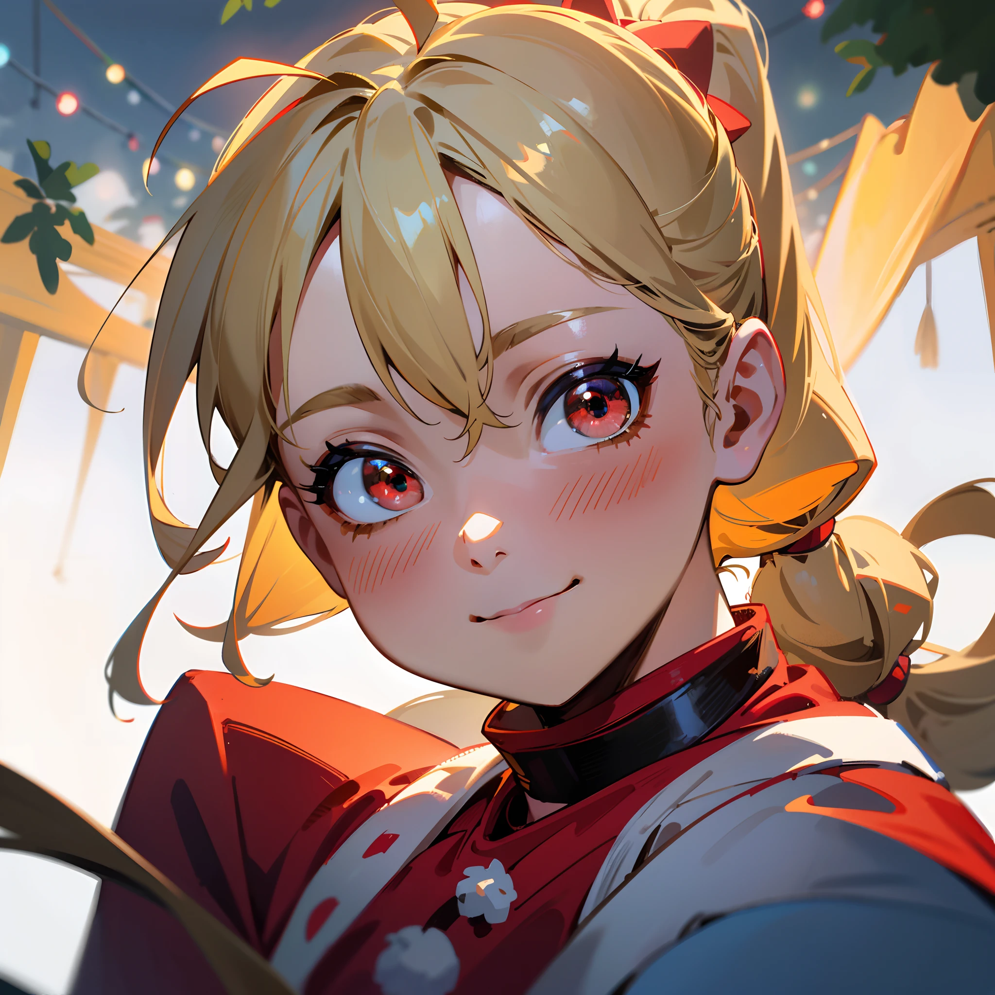 18 year old girl, Wearing a Santa costume、Blonde ponytail、Ahoge、big round red eyes、A slight smil、Laugh、small tits、Realistic painting in every detail, Christmas Outdoors、delicate detail、facial close-up