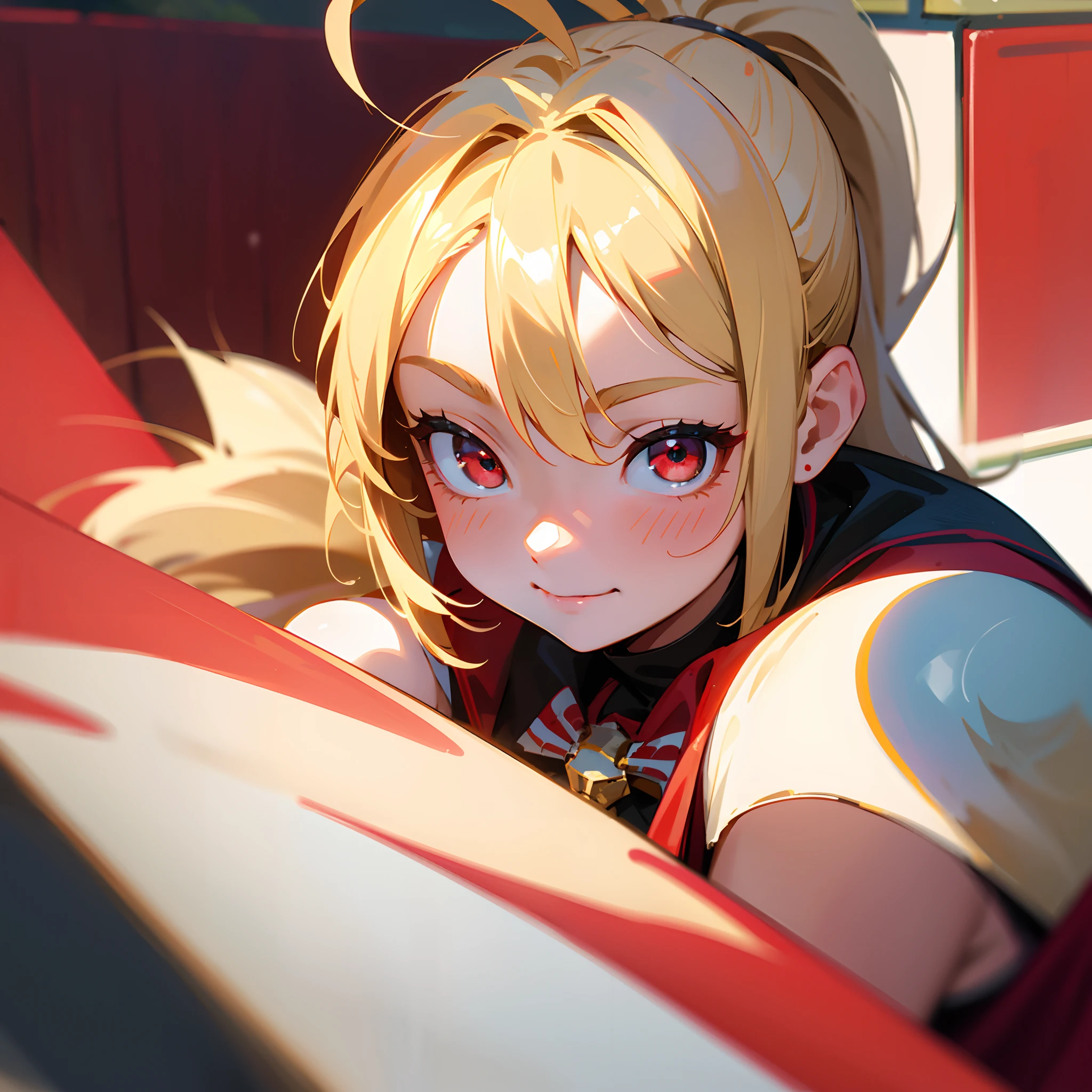 18 year old girl, Wearing a Santa costume、Blonde ponytail、Ahoge、big round red eyes、A slight smil、Laugh、small tits、Realistic painting in every detail, Christmas Outdoors、delicate detail、facial close-up