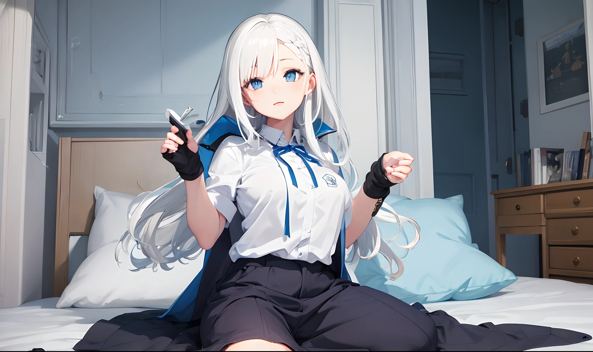 Anime girl with white hair and blue eyes with large ches sitting on bed naked