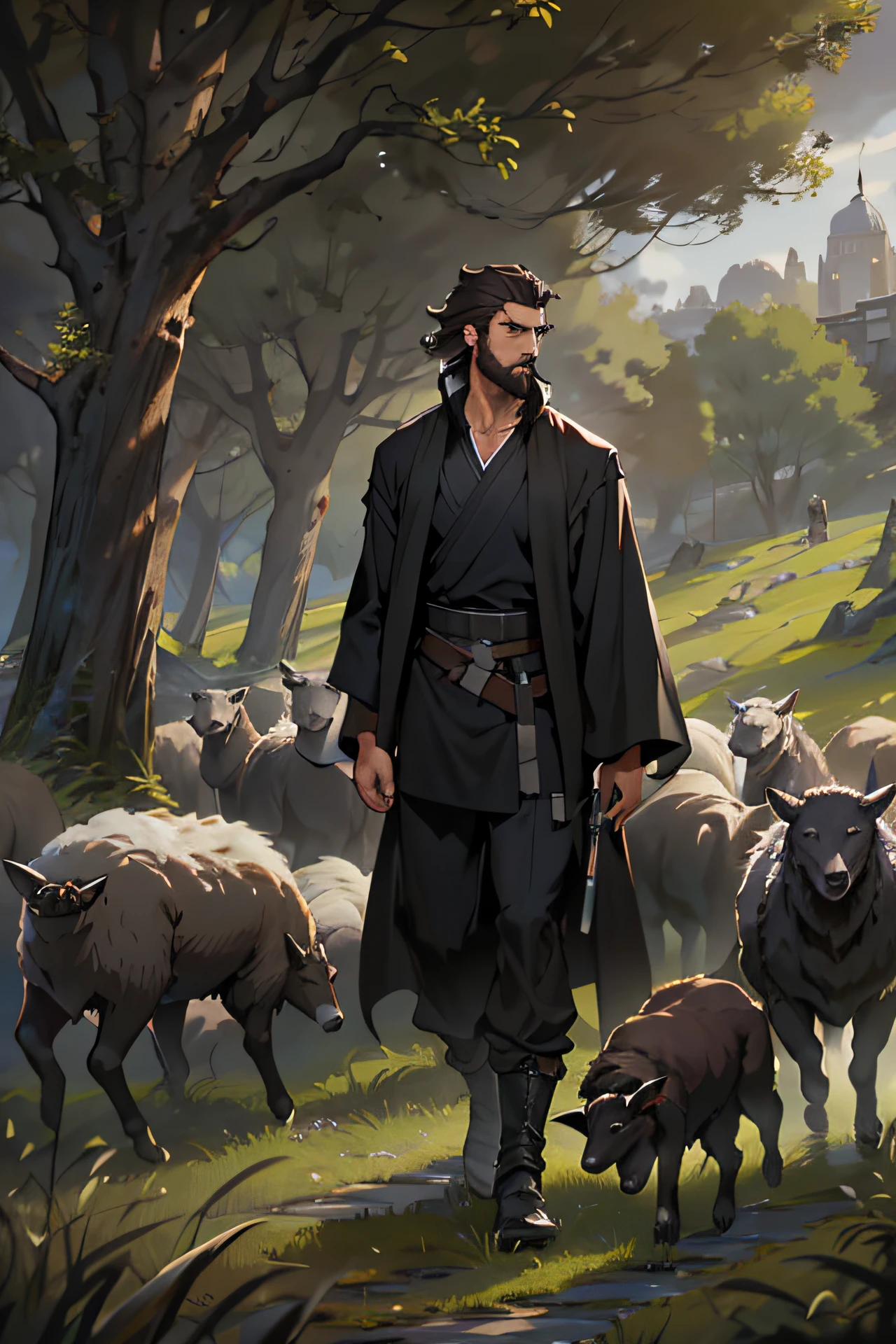 black clothes, similar to a Jedi's outfit.black cloth clothes NO WEAPONS The character is a tall young man with a short beard. dark brown hairs escorting a small flock of sheep with some wolves in the background. In case you're thinking of a background, a forest would be best, or grassland with a city in the background. light and breezy.