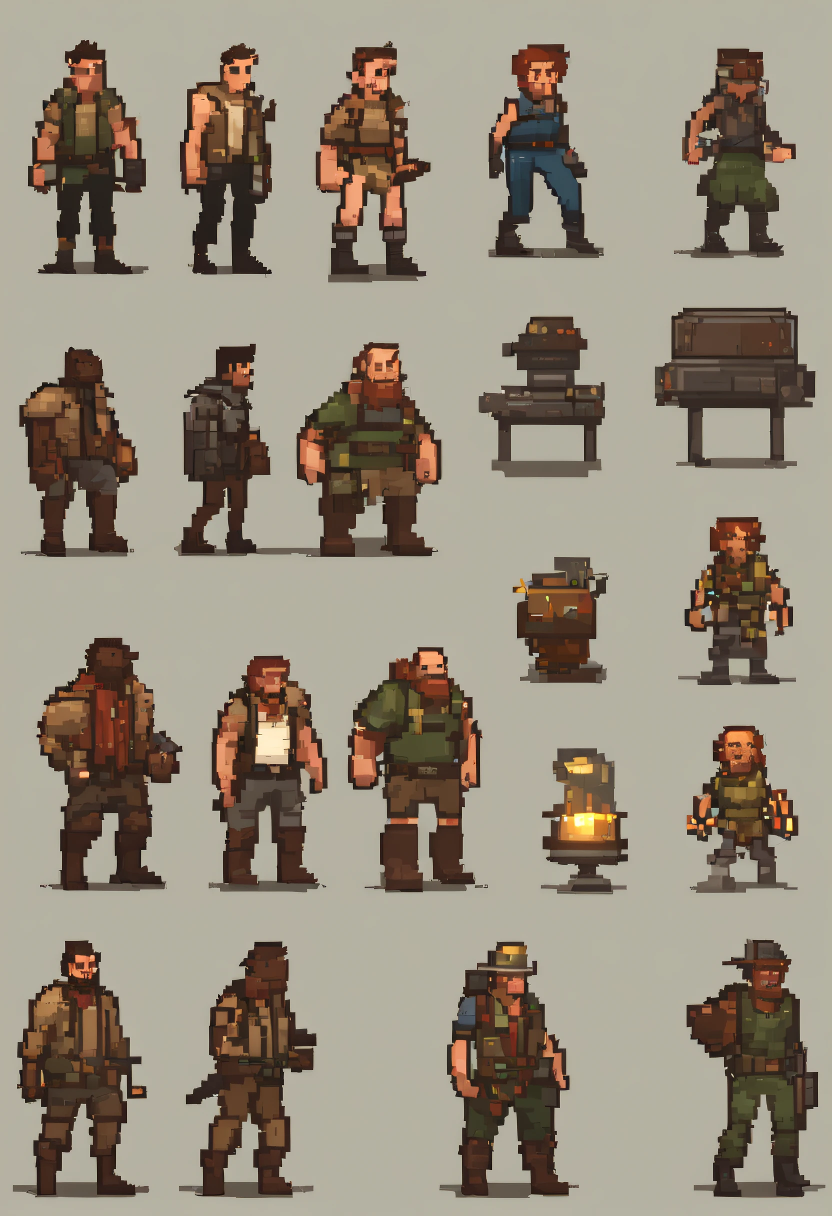 a survival roleplay game assets running male hero spritesheet, jumanji-and-fallout-style themed, 2d side scroller game, front view, pixel art , hq