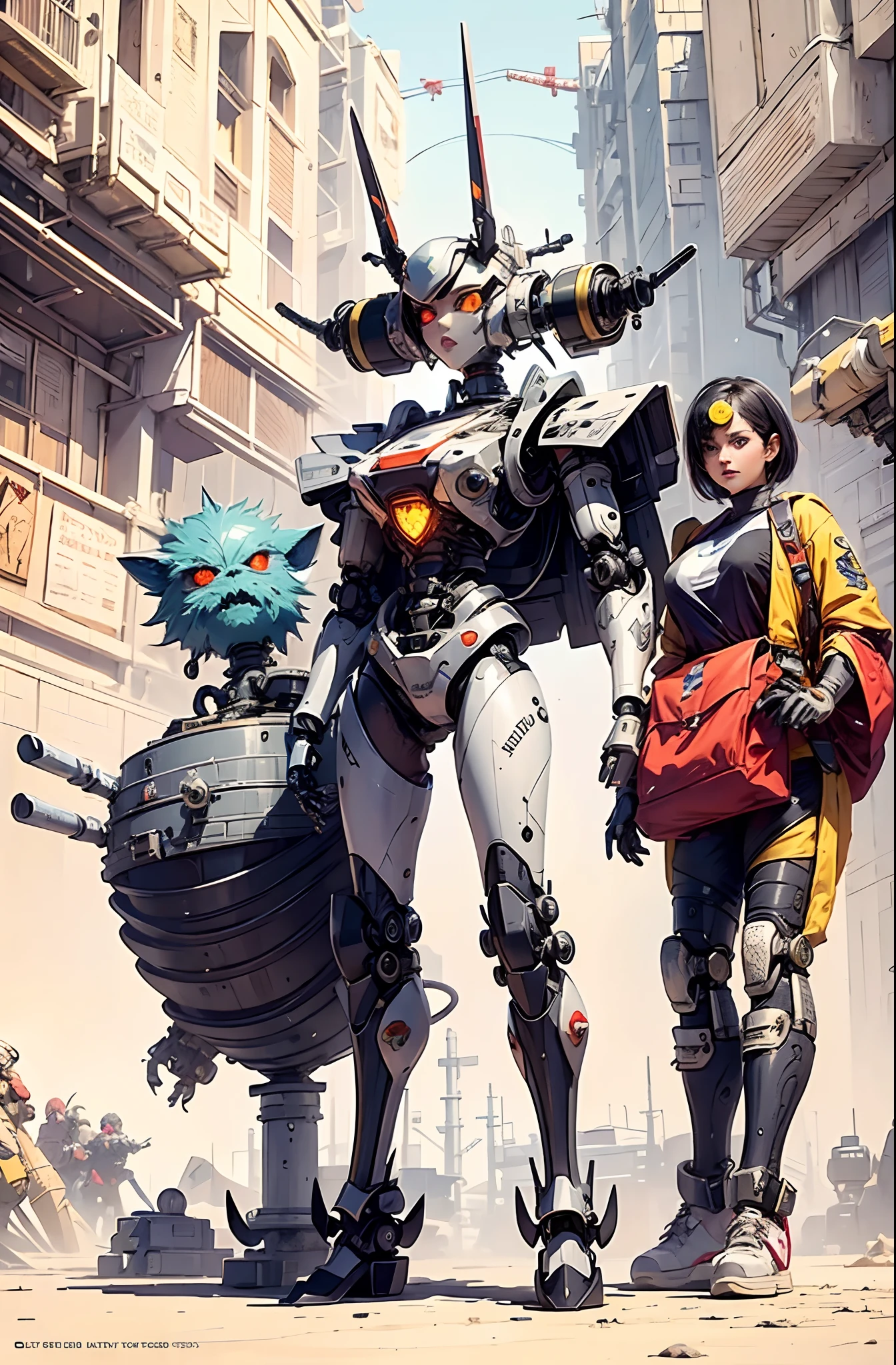 A couple of people standing next to each other in front of a robot ...