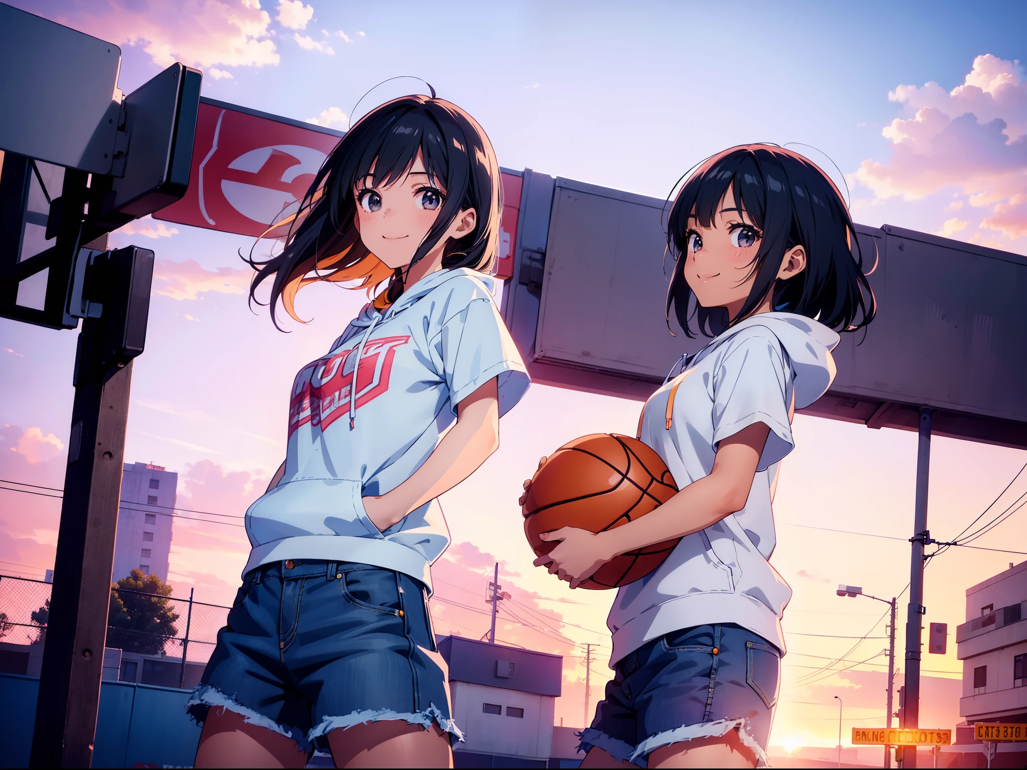 1 cute girl, holding basketball, standing on street basketball court, character focus, cowboy shot, cinematic angle, sunset lighting, cinematic lighting , hoodie , denim short pants, smile ,((masterpiece)), ((best quality)), ((ultra-detailed)), (illustration), ((an extremely delicate and beautiful))