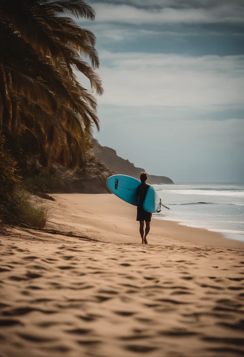 A surfer carrying their surfboard towards the water, with the sandy beach stretching out in front of them and the beautiful blue ocean in the background.