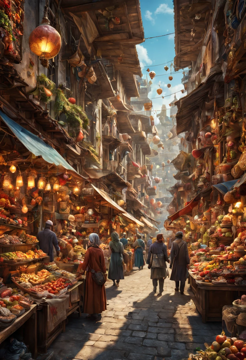 parallel universe, bazaar, marketplace scene, vendors, items, parallel universes, reality, imagination, intricate, masterpiece, best quality, highly detailed, sharp focus, dynamic lighting, vivid colors, texture detail, particle effects, storytelling elements, narrative flair, 16k, UE5, HDR, subject-background isolation