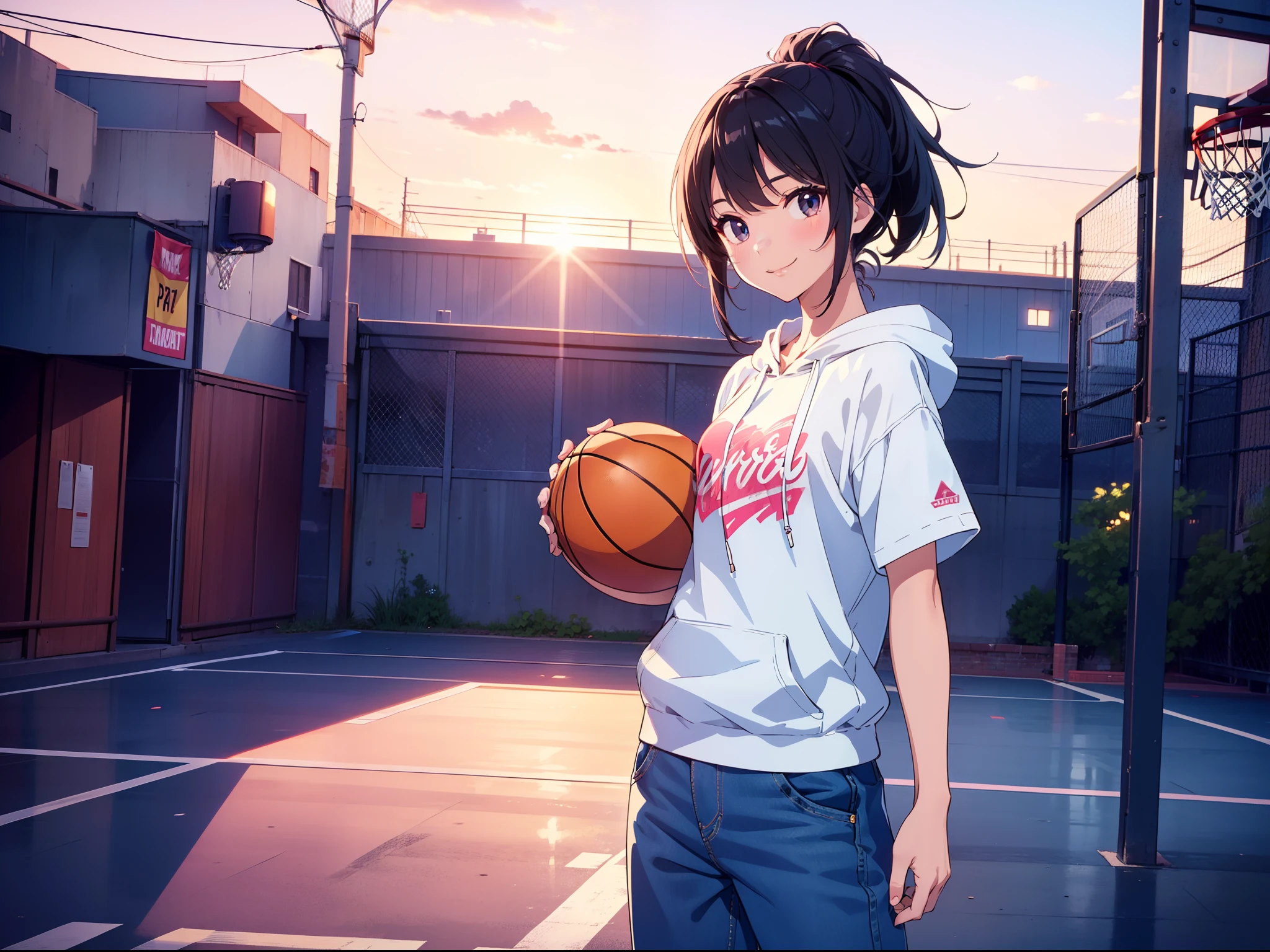 1 cute girl, holding basketball, standing on street basketball court, character focus, cowboy shot, cinematic angle, sunset lighting, cinematic lighting , hoodie , denim short pants, smile ,((masterpiece)), ((best quality)), ((ultra-detailed)), (illustration), ((an extremely delicate and beautiful))