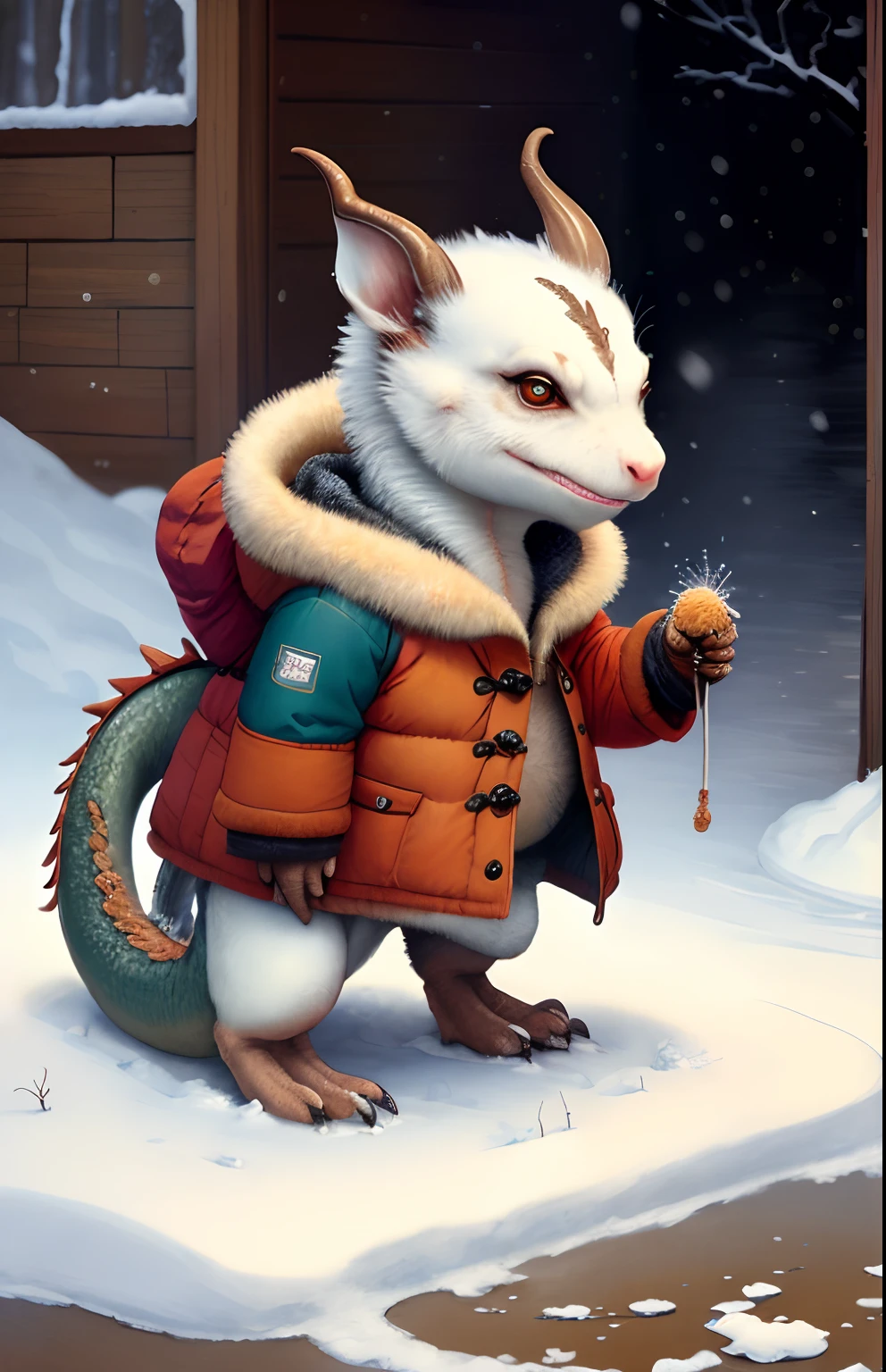 Painting by Jean-Baptiste Monge depicting a small dragon, dressed in a warm coat with rescue gear on a winter day with snow, , jean - baptiste monge, anthropomorphic --ar 2:3 --testp -optimistic;