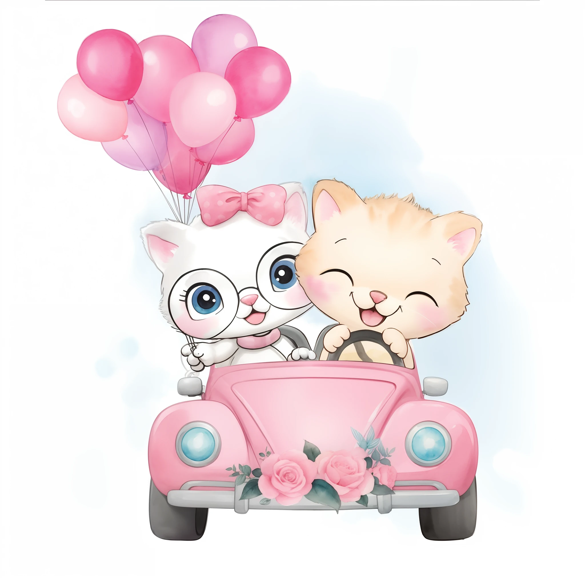 There's two cat in a car with balloons, They're loving it, arte fofa, arte aquarelada suave bonito, lovely and cute, desenho animado bonito, cute illustration, illustration of 2 cats, adorable and whimsical, ilustrado em estilo caprichoso, estilo de arte bonito, love is begin of all, caprichoso e fofo. (Watercolor in high definition)