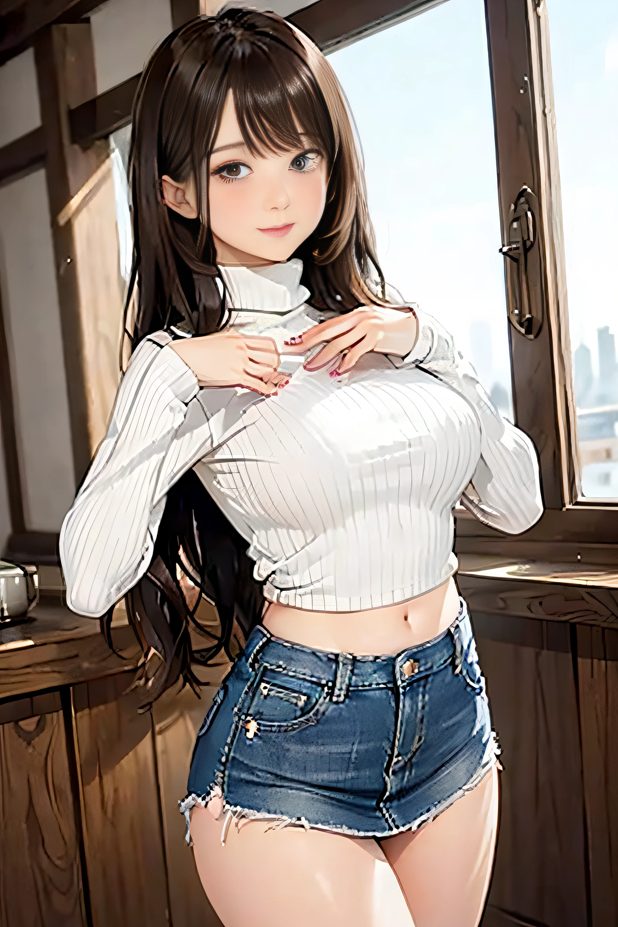 20 year old girl (White Turtleneck Blouse、The belly hides), (Tight denim mini skirt), Medium chest, Puffy nipple、bending forward、Sexy buttocks、Butt sticking out、high-heels、Put your hands on your buttocks、Random cityscape, Shy smile, Kamimei、Brown-eyed、Wavy long hair、dark brown hair、 (Perfectly detailed face), (Well detailed hands) Photorealistic images、Beautiful necklace、耳Nipple Ring