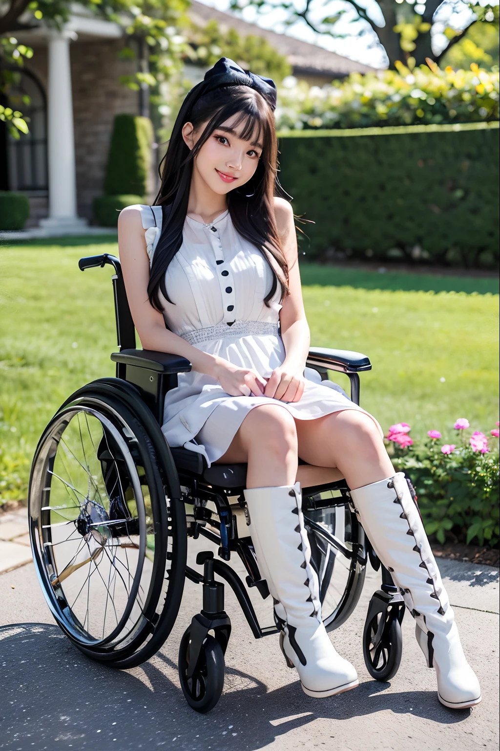 Realistic, Photorealsitic, masutepiece, Best Quality, 8K, Ultra Detail,nffsw,,white cooldress,white knee boots, 1girl in, Solo, Smile, Looking at Viewer, Long Black Hair, Full body, Being in a wheelchair, large backrest、plein air, garden, Detailed background,