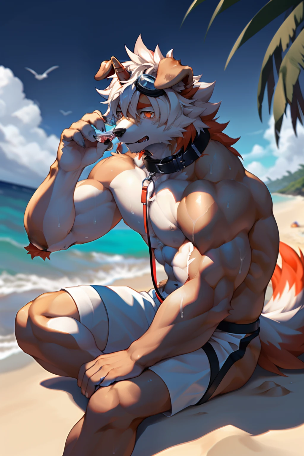 (by Hioshiru, by null-ghost, By personalami, by Honovy, by thebigslick, author：Feinhertz), Male, Solo, domestic dog，Doggy, Red horns, floppy ears, clawed paws, view the viewer，On the beach，the ocean，On the beach，Sexy，The upper part of the body，lowerbody，（Sweat：1.9），gasps，upper legs，small thighs，white legwear，〈Have a strong figure〉，opens his eyes wide，A collar is worn around his neck，Dog leash，Be red in the face，Desire for dissatisfaction，the shy，gentle，Temptation of the，intoxicated，gasps，Eyes are focused，sideface，Keep your eyes wide open，Heads-up，Tall and strong，Fluffy tail，Orange tail，Masterpiece, Best quality, offcial art, Extremely detailed Cg Unity 8K wallpaper, Ultra-detailed, Best Illustration, Best shadow, Perfect lighting, bellow (/arknight/), White fur, Furry male, Dog boy, Furry, Two-tone fur, 1boys, multicolored hair, Male focus, Horns, Striped hair, Dog ears, Animal ears, single horn, Brown fur, bangs, Orange hair, White hair, Medium hair, Orange eyes, Black pupils，Solo,Muscle men，Naked upper body，white swim trunk，whitestocking，sideface，Sit Pose，The erection，nipple bump，full bodyesbian，Swimming goggles，Hair is supple，Raise your hands high，Flip-flops，Close your left eye，sandcastle，coconut palms，Pick up the glass with your left hand，bacchus，Sit on a recliner