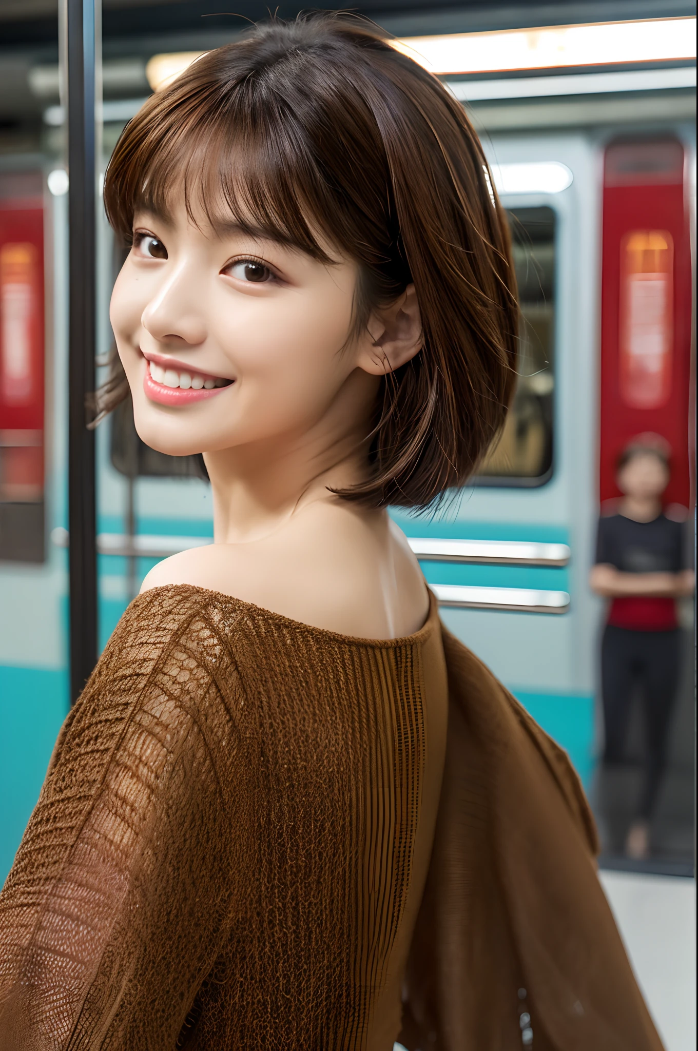 (8K、Raw photography、top-quality、masterpiece:1.2)、(realisitic、Photorealsitic:1.37)、ultra-detailliert、超A high resolution、1人、see the beholder、beautifull detailed face、A smile、Constriction、(Slim waist) :1.3)、short-cut、Beautiful detailed skin、Skin Texture、Floating hair、Professional Lighting、Wait for the platform train、Mesh GLhuman body、Brown hair