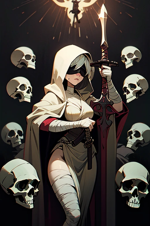 gothic lady justice, blindfold, sexy, erotic, holding sword and scale, skulls, wearing robes, bandages, gothic style art.