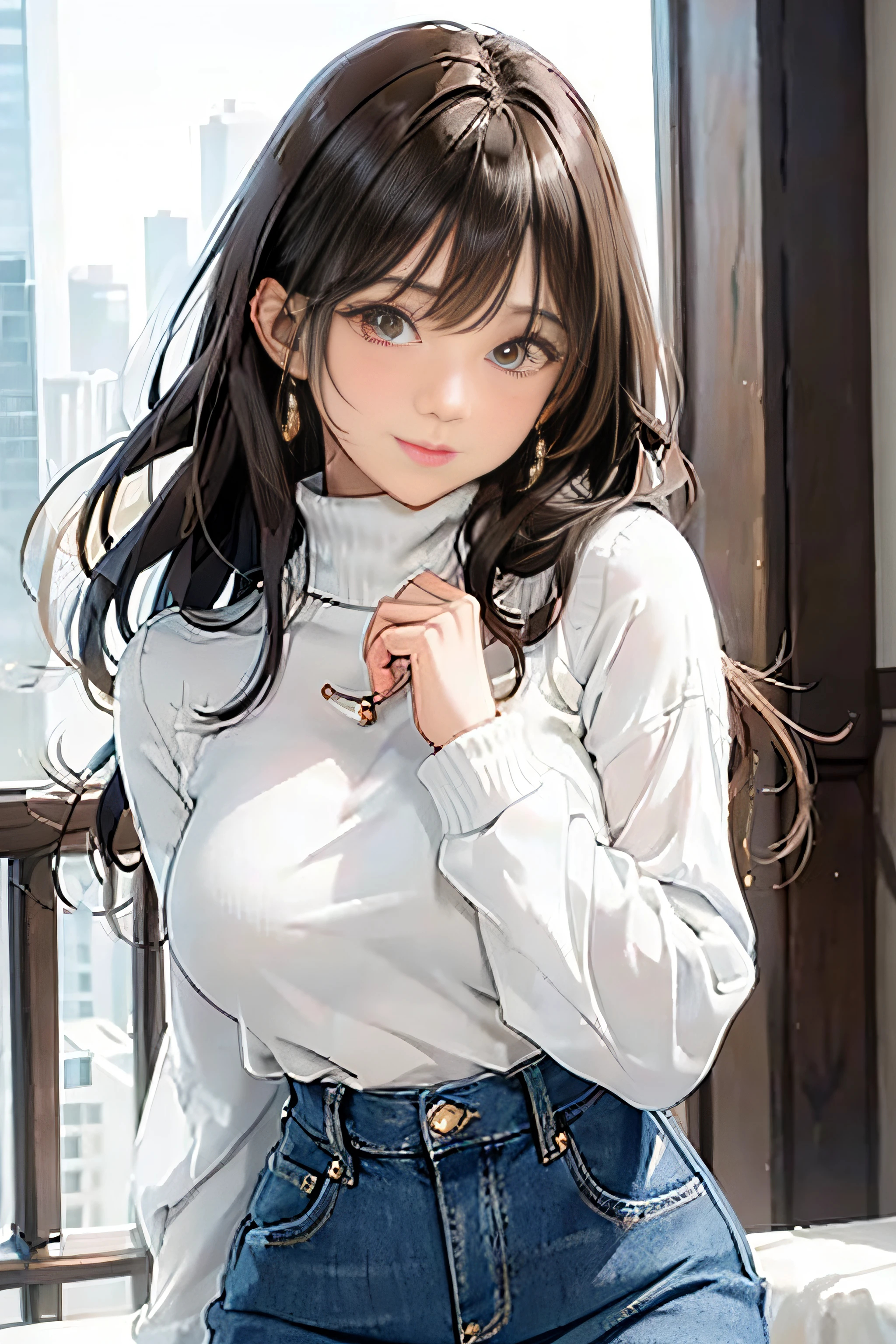 20 year old girl (White Turtleneck Blouse、Blouse with no visible navel), (Tight Mini Denim Skirt), medium chest, Puffy nipple、with both arms、Squatting pose with both knees up、high-heels、stick out buttocks、hot spring town、 Shy smile, Kamimei、Brown-eyed、Wavy long hair、dark brown hair、 (Perfectly detailed face), (Well detailed hands) Photorealistic images、Beautiful necklace、耳Nipple Ring