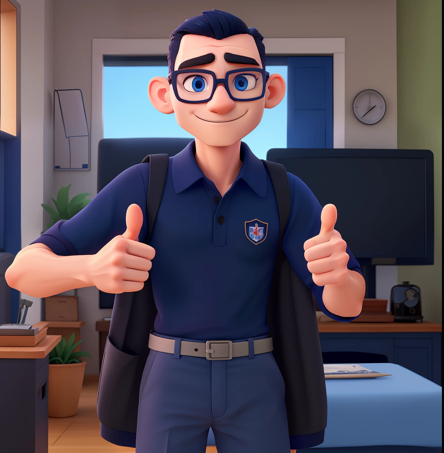 Homem de meia idade , hairless, blue eyes with black glasses, rectangle with navy blue polo shirt with a stylized I emblem on the left side, giving thumbs up with hands background, a fuel pump