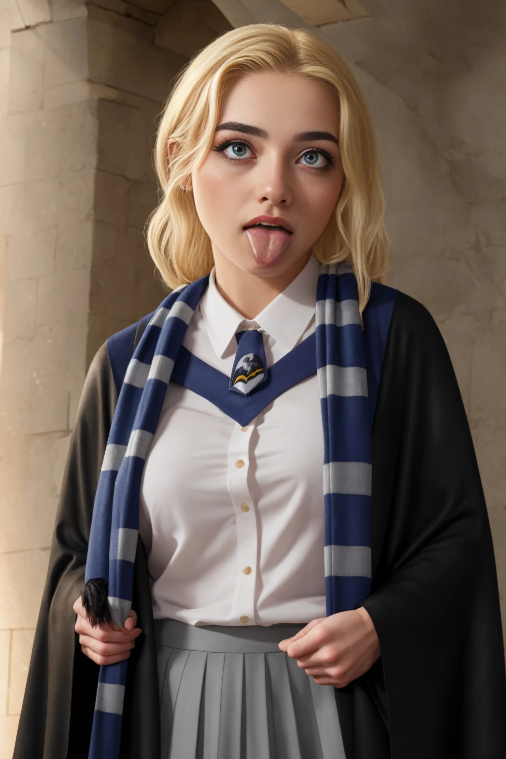 (far wide shot:1.5), 1girl, (solo:1.5), a beautiful picture of luna, wearing  a uniform, (full figure:1.5), masterpiece, photorealistic, detailed, 4k, HDR, backlighting, bloom, light, RAW color photo, soft skin, blonde, detailed face, blue eyes, striped scarf, short pleated skirt, black robe, medieval, hogsks, (Ravenclaw:1.4), (ahegao:1.5), (ahg1:.5), (rolling eyes :1.5), 1girl