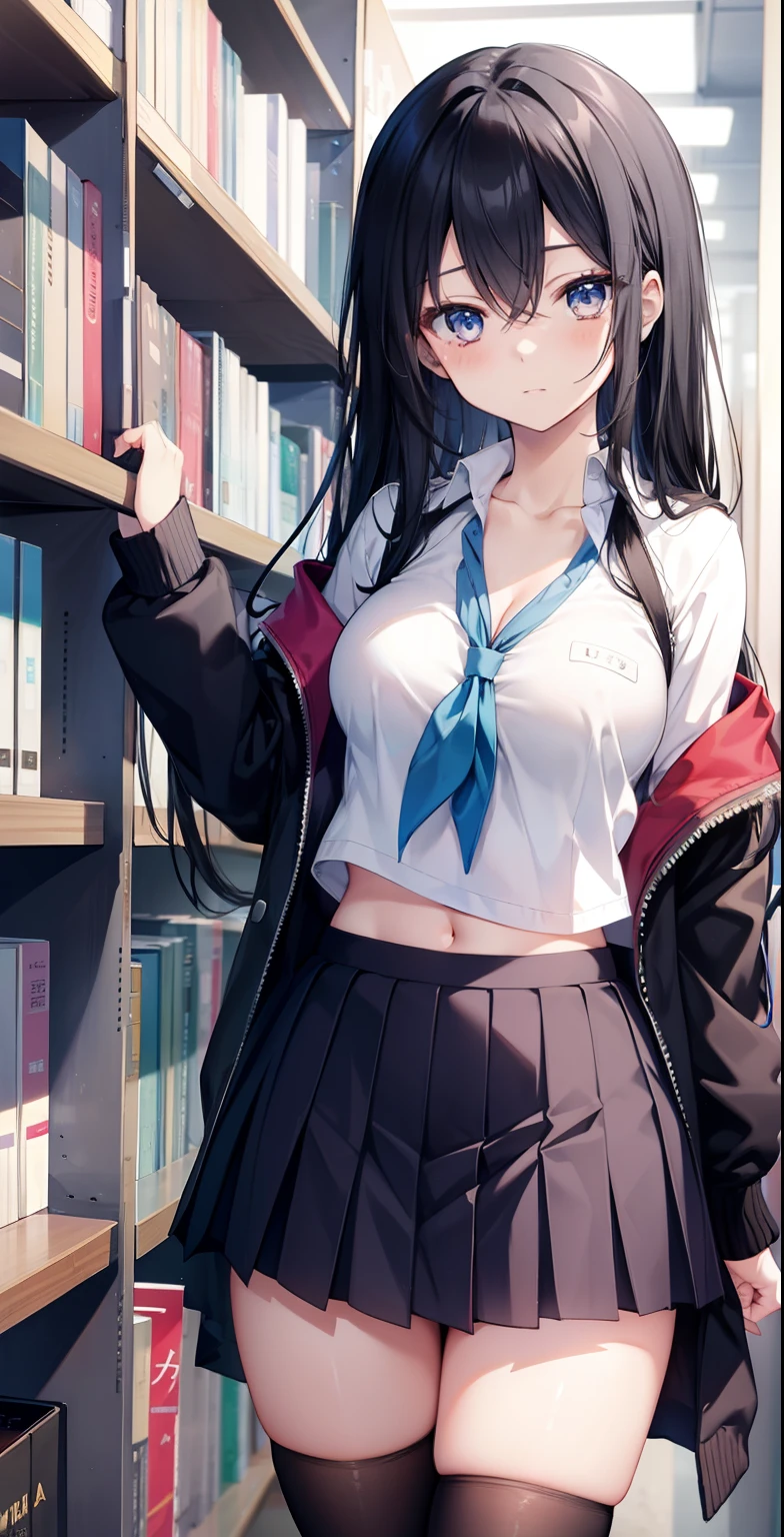 Yukino Yukinoshita, long hair, cleavage, navel, slender legs, black hair, blue eyes, Short Skirt, thigh highs, age Girl, Happy, School uniform, library, standing